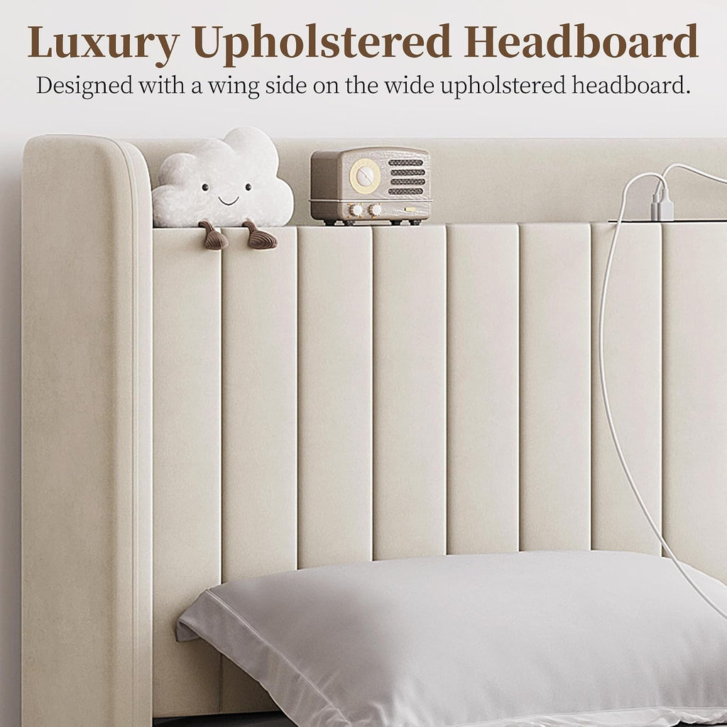 Yaheetech Queen Bed Frame with USB Charging Station and Storage Shelf/Upholstered Headboard Platform Bed with Wing Side/Wooden Slats Support/Noise Free/No Box Spring Needed/Easy Assembly, Cool Beige