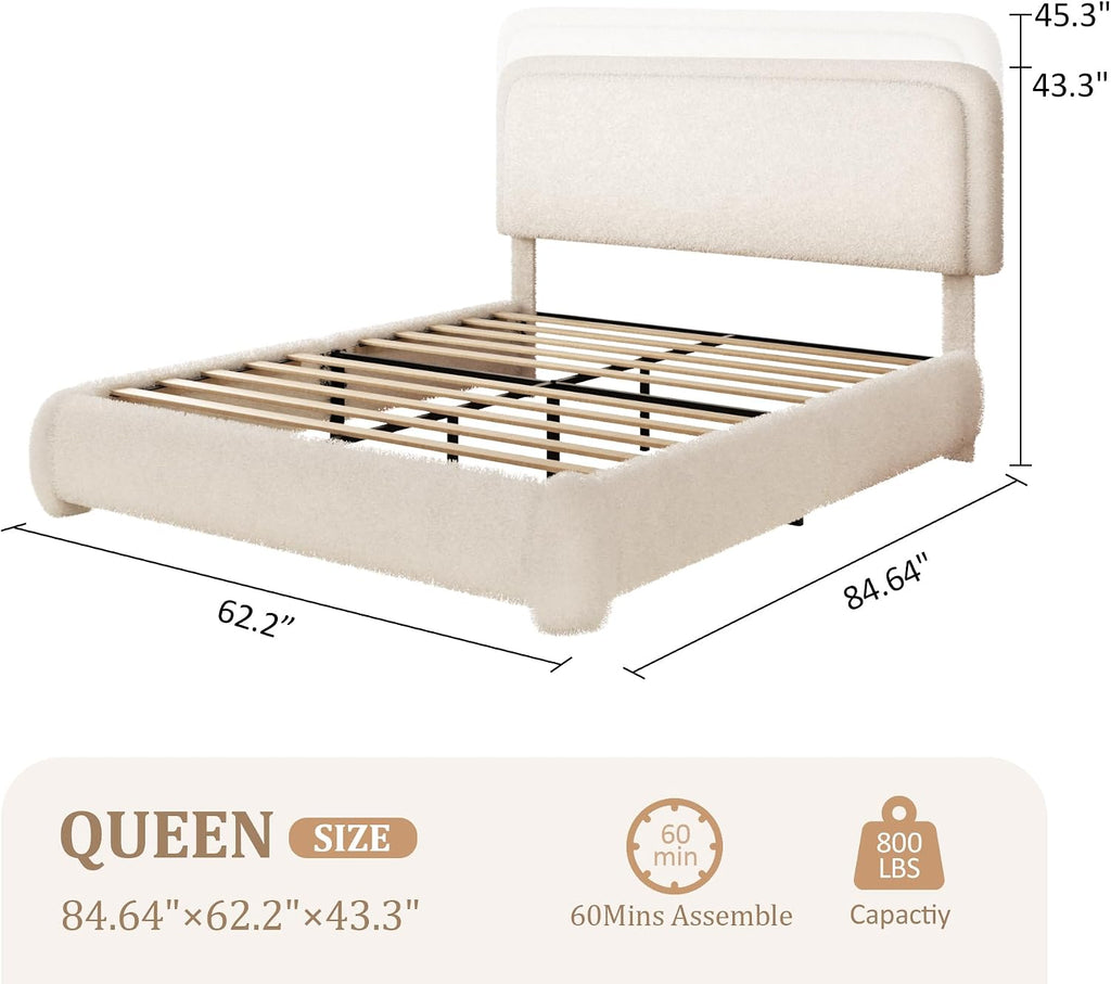 Queen Size Boucle Bed Frame with Adjustable Headboard, Upholstered Cloud Platform Bed, Anti-Collision Soft Rounded Corners, No Box Spring Needed, Easy Assembly, Noise Free, Beige