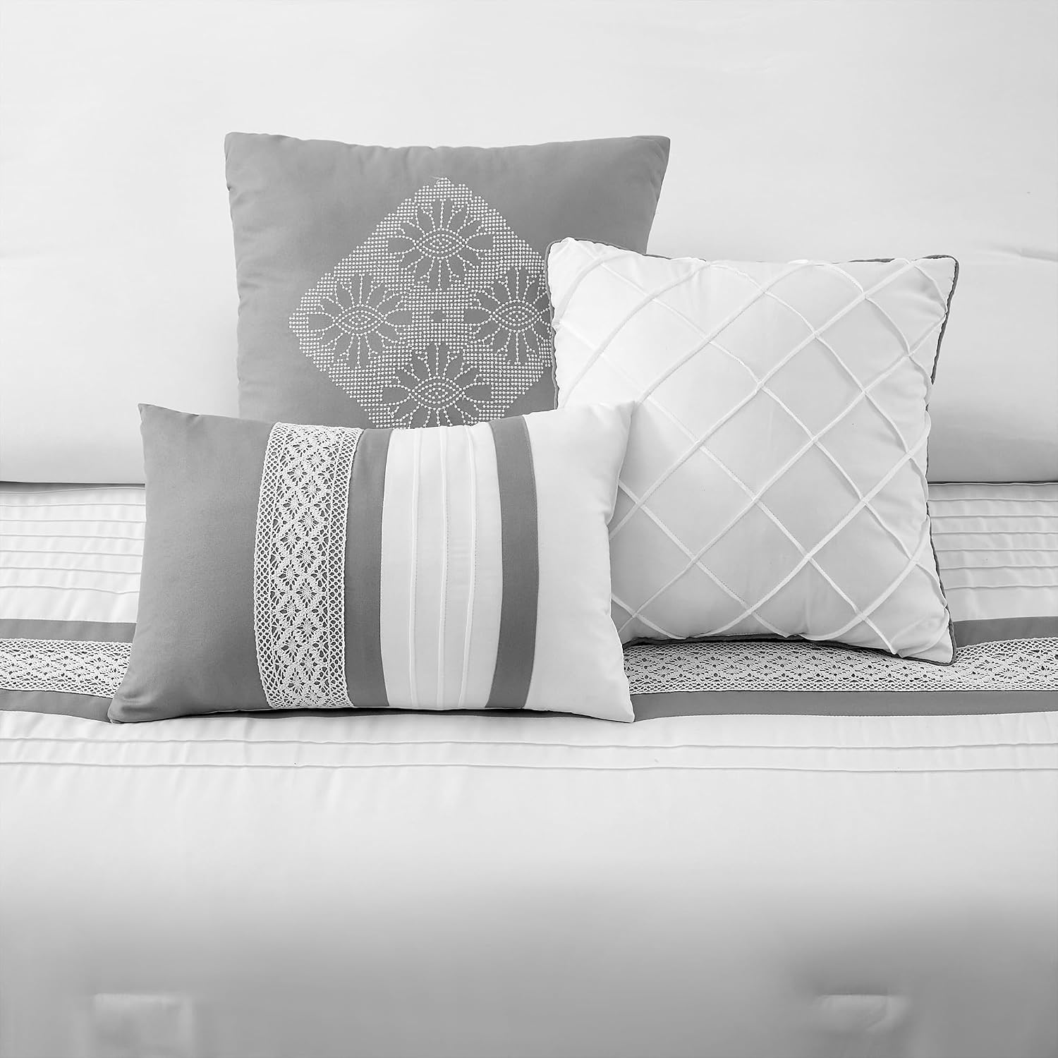 LANCO MODERN LIFESTYLE 7 Piece Comforter Set, Grey White, California King, Boho Style Geometric Microfiber Embroidery, Bed in a Bag with Bedskirt, Pillow Shams and Decor Pillows