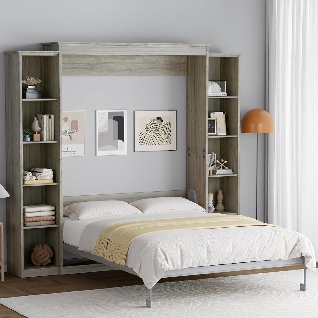 Rophefx Queen Murphy Bed Cabinet with 5-Tier Adjustable Storage Shelves, Queen Wall Bed Cabinet Bed, Wood Space Saving Beds, Foldable Platform Beds, Hidden Bedframe for Guest Room, Bedroom,Grey