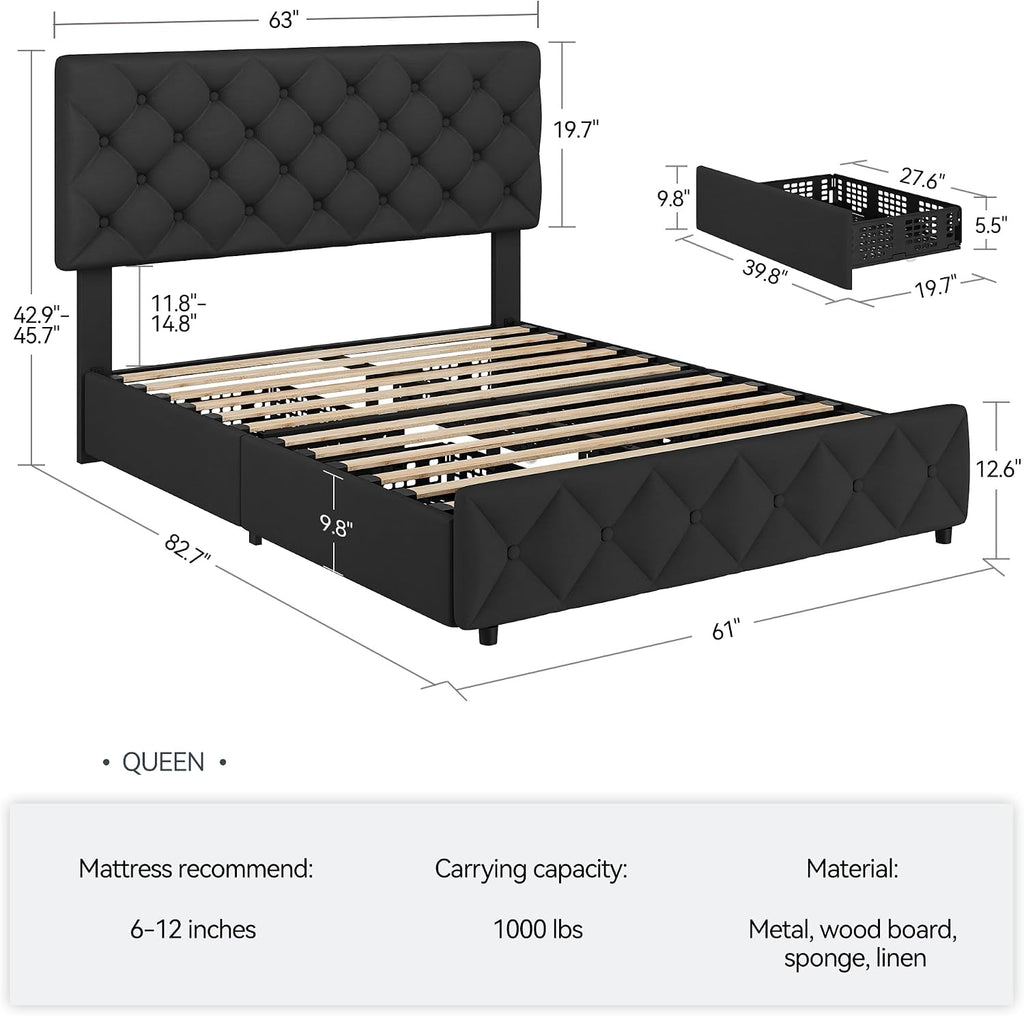IDEALHOUSE Queen Size Bed Frame with 4 Storage Drawers and Adjustable Headboard, Linen Upholstered Platform Beds, Diamond Stitched Button Tufted, No Box Spring Needed, Black