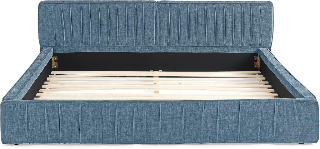 Ball & Cast Queen Size Low Bed Frame,Chenille Upholstered Platform Bed with Pleated Design Headboard,Grounded Floor Bed with Wood Slat Support,No Box Spring Needed,Dark Blue