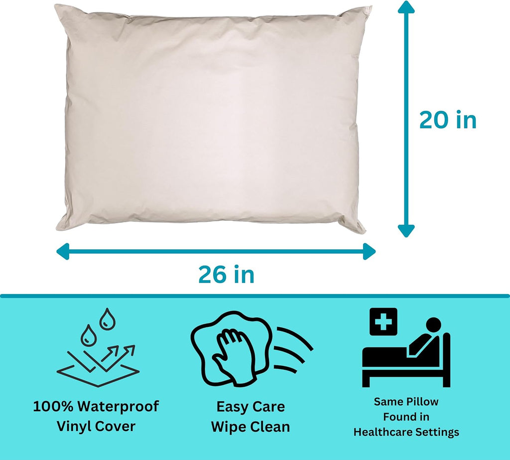 12 Pack MediCheck White Vinyl Covered Bed Pillows - Wipeable Easy Clean - Soft Low Profile Non-Fluffy Support - 20 in x 26 in