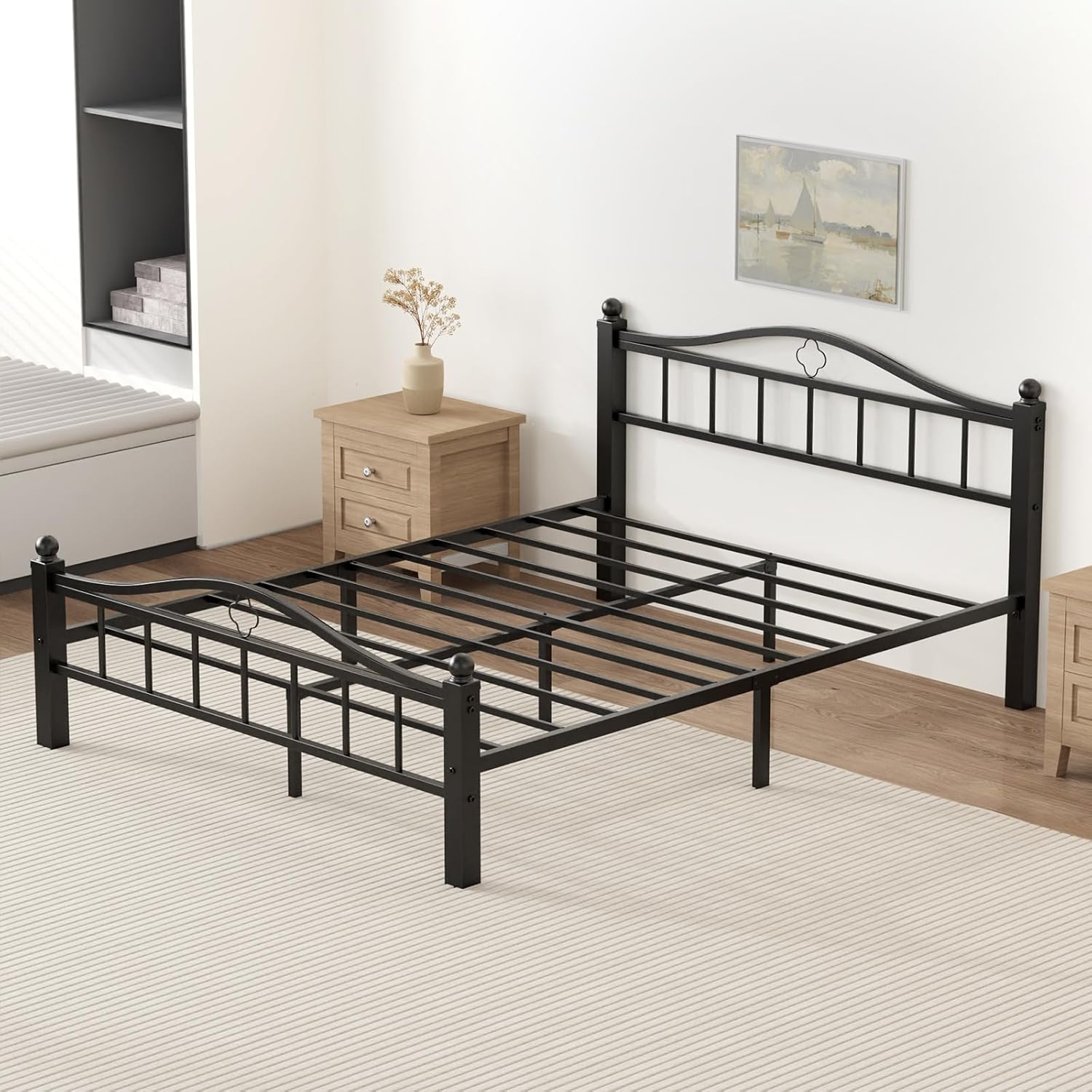 Metal Queen Bed Frame with Headboard, 1500lb No Squeak Platform, 12' Underbed Storage, Tool-Free 30-Min Assembly, No Box Spring Needed, Black