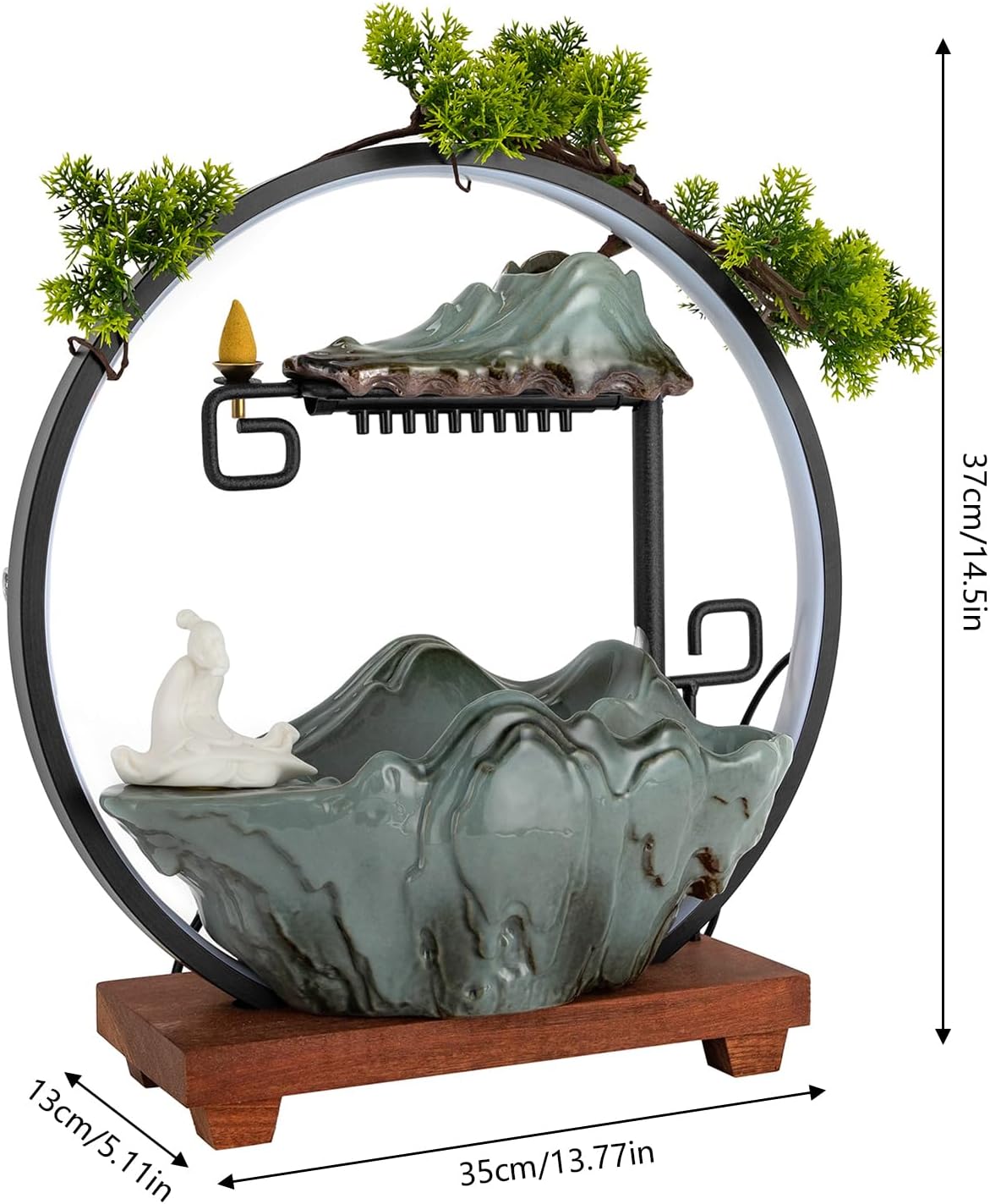 Indoor Tabletop Water Fountain - Round LED Light, Table Fish Tank, Mist Maker, Backflow Incense Burner, Indoor Zen Relaxation for Home Office Bedroom Living Room Decor