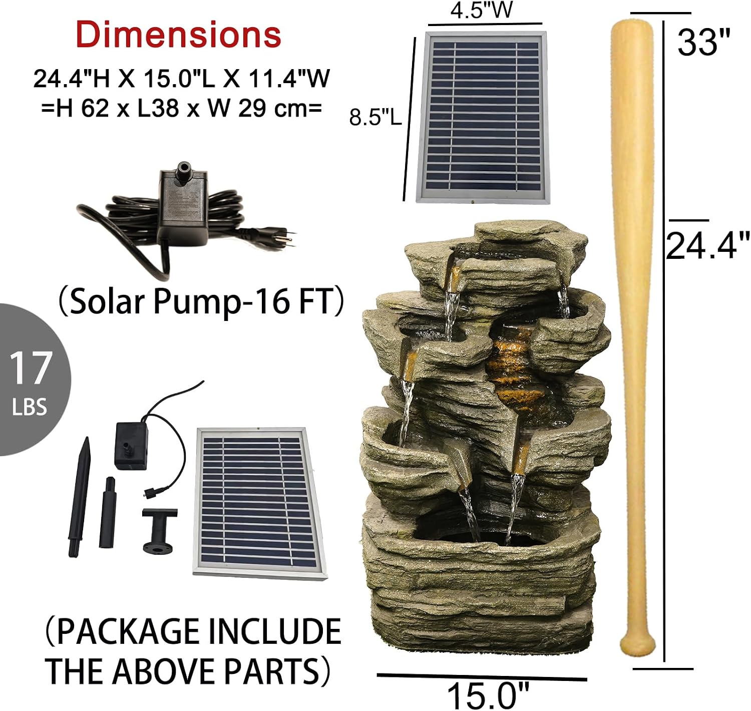 Bumilgar 6 Tier Cascading Rock Solar Water Fountain Outdoor Garden Waterfall Decor for Garden, Patio, Backyard, Deck, Porch and Home Art Decor,24.4' H Outdoor Fountain with LED Lights