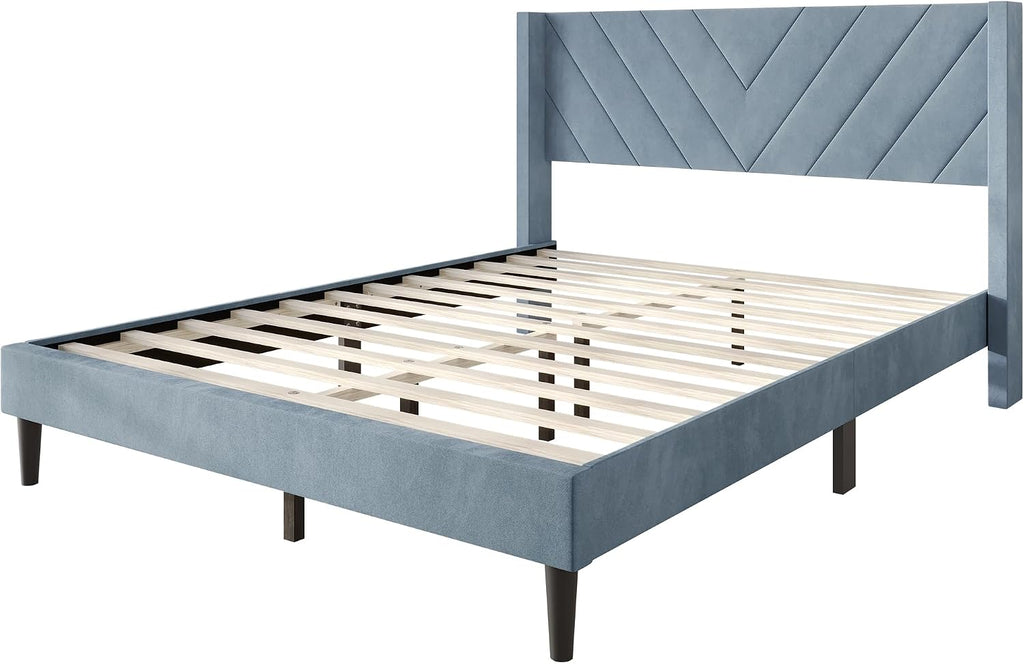 Queen Platform Bed Frame with Chevron-Stitched Wingback Headboard, Velvet Upholstery, No Box Spring Needed, Easy Assembly, Light Blue