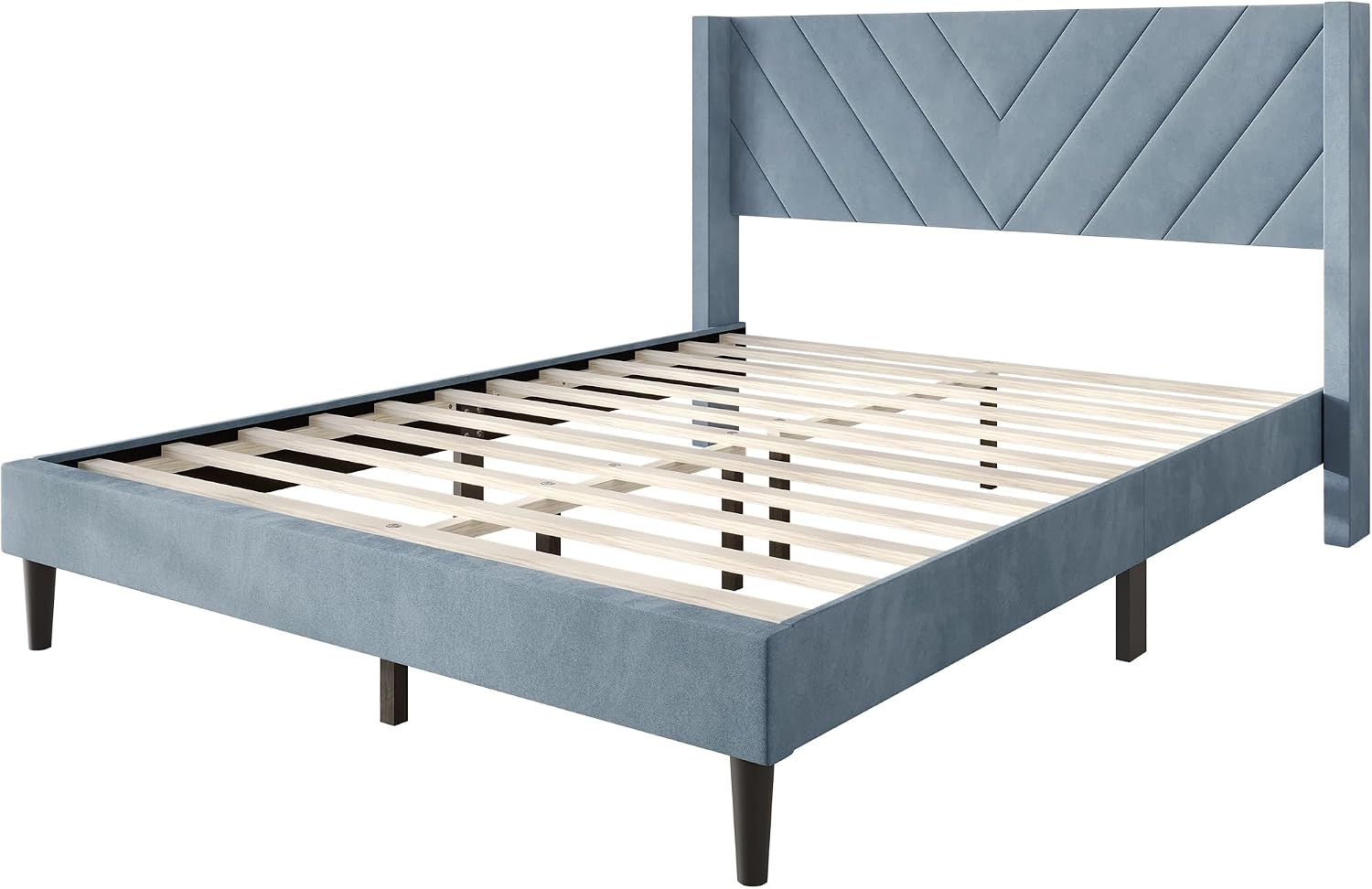 Queen Platform Bed Frame with Chevron-Stitched Wingback Headboard, Velvet Upholstery, No Box Spring Needed, Easy Assembly, Light Blue
