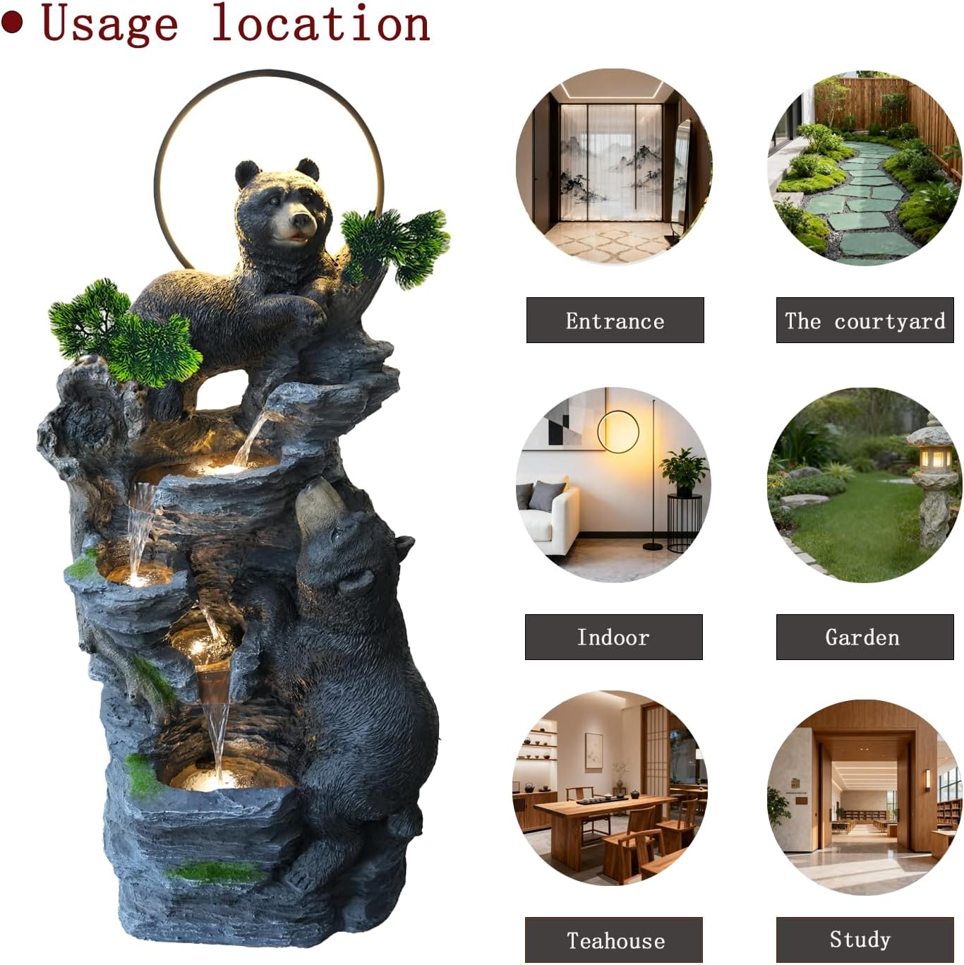 39.3' H Bear Outdoor Fountain with LED Lights and Five Tiered Waterfall Water Features,Suitable for Courtyard,Gardenand Indoor Decoration