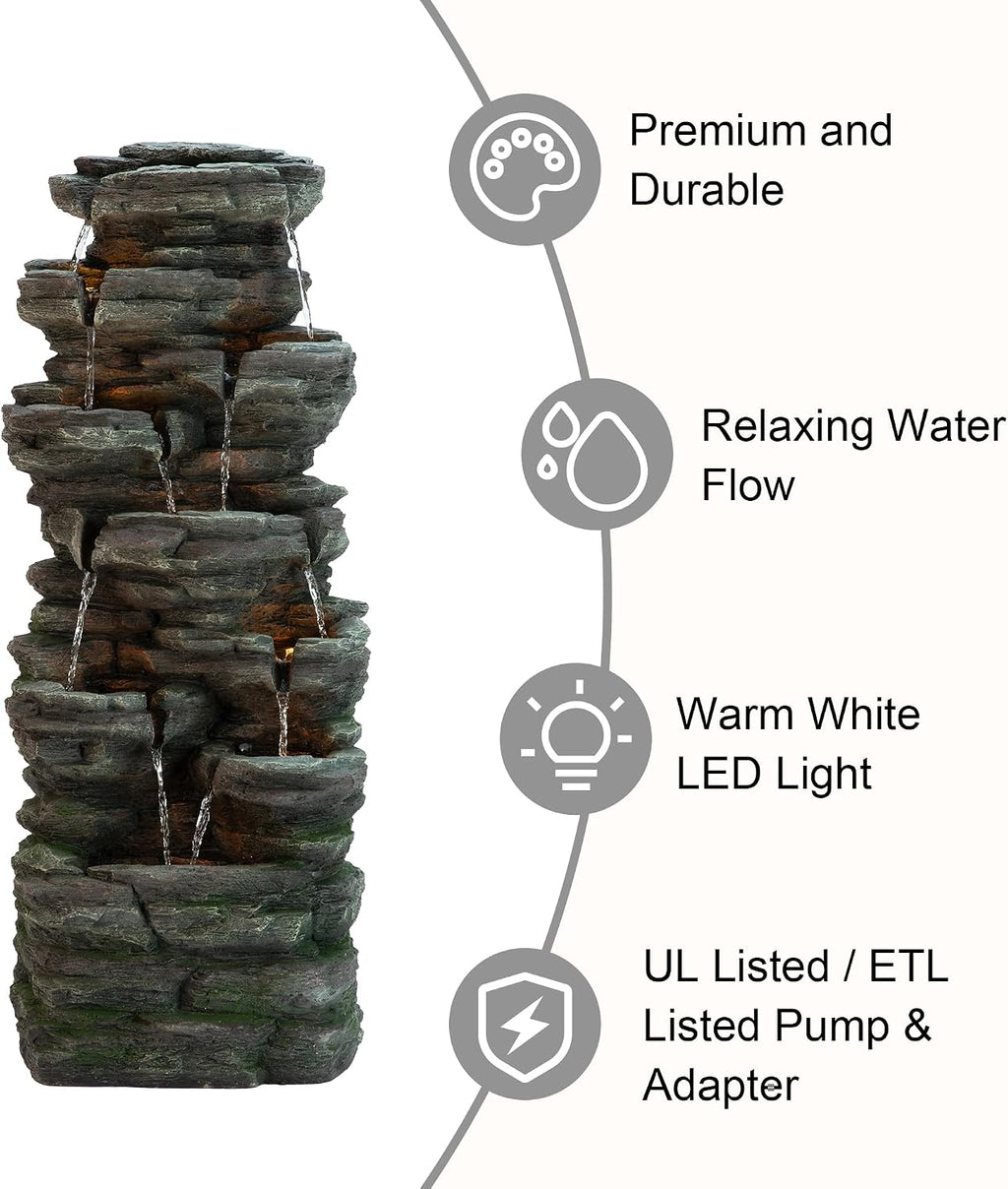 Glitzhome Outdoor Water Fountain, 9-Tiered Rock Floor Fountain with Cascading Water, 39.25' H Polyresin Waterfall Fountain with Pump and LED Light Outdoor Water Feature for Garden Yard Patio Porch