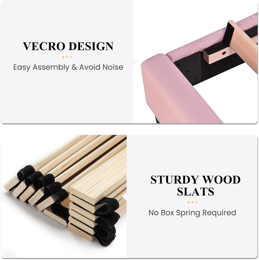 SHA CERLIN Queen Bed Frame/Velvet Upholstered Platform Bed Frame with Headboard/Strong Wood Slats Support/Mattress Foundation/No Box Spring Needed - Pink