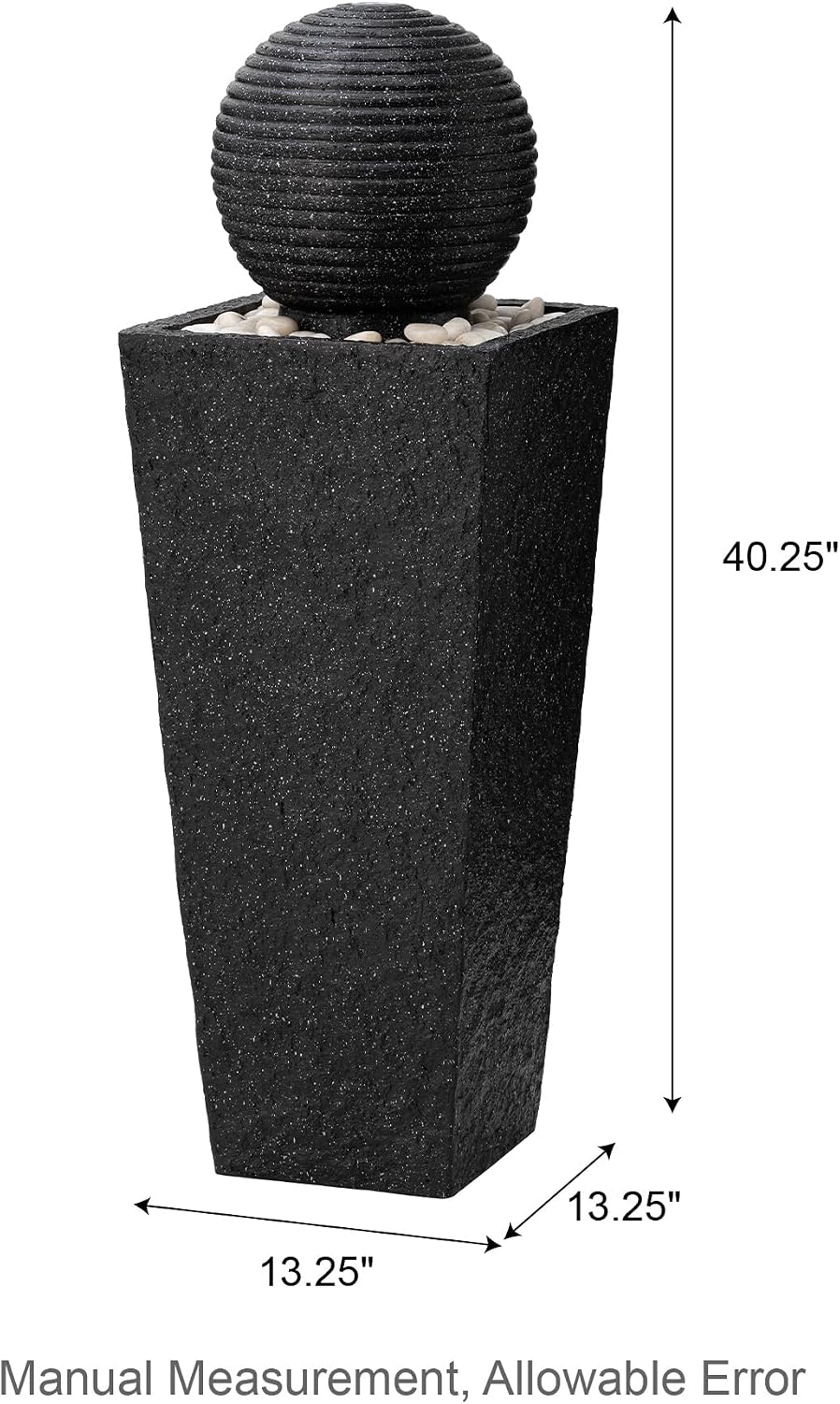 Glitzhome Outdoor Water Fountain with LED Light, Oversized Decorative Black Pedestal Water Fountains with Submersible Pump, Modern Sphere Floor Fountain with Pebbles for Garden Patio Decor, 40.25' H