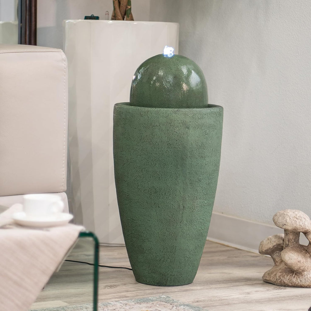 XBrand 25.98' Modern Sphere Water Fountain with LED Light – Indoor Outdoor Stone Texture Floor Fountain, Zen Bubbling Ball Water Feature for Garden Patio Porch - Green