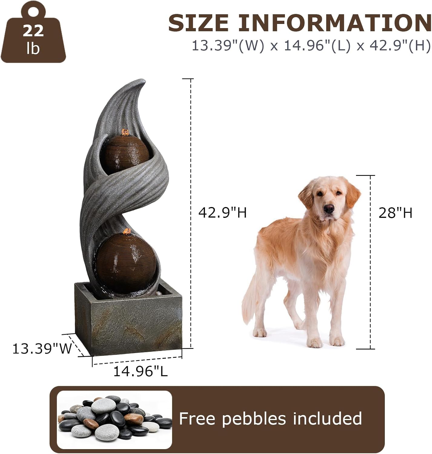 42.9'H Large Water Fountains Outdoor,Modern Spiral Water Fountain Outdoor with Dual Spheres Zen Water Feature Floor Fountain with Light LED Waterfall for Outside Deck, Patio, Porch, Garden, Yard Decor