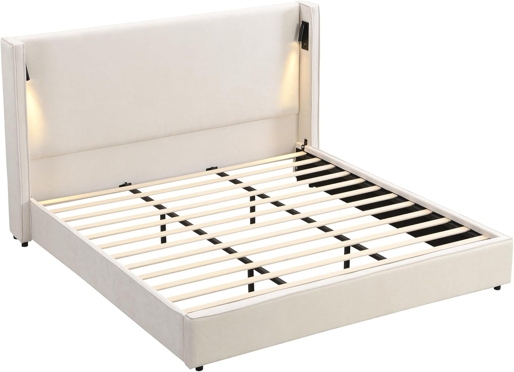JIVOIT King Size Platform Bed, Upholstered Bed Frame with High Wingback Headboard, Retro Leg Design, Wood Slats Support, No Box Spring Needed