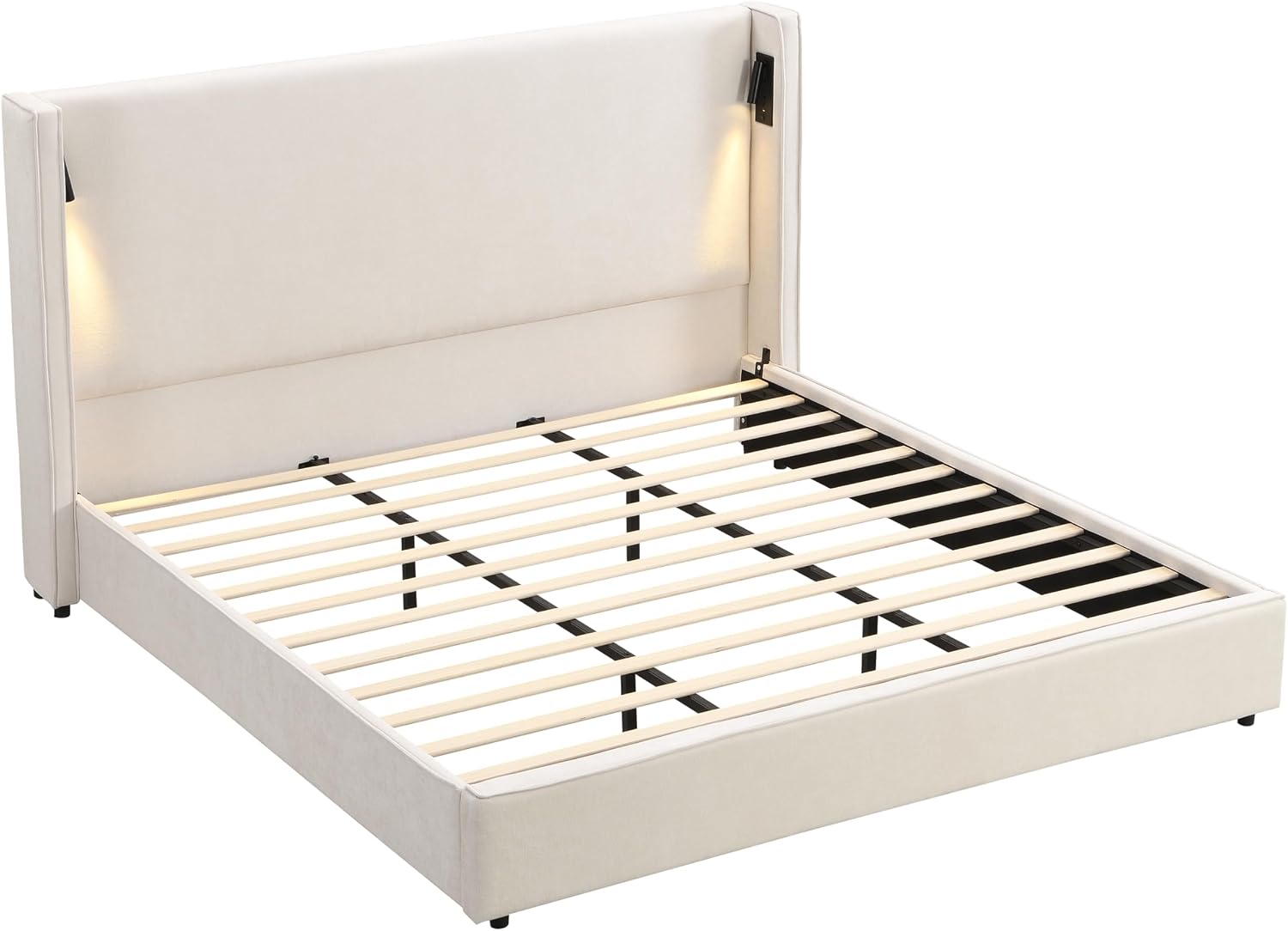JIVOIT King Size Platform Bed, Upholstered Bed Frame with High Wingback Headboard, Retro Leg Design, Wood Slats Support, No Box Spring Needed
