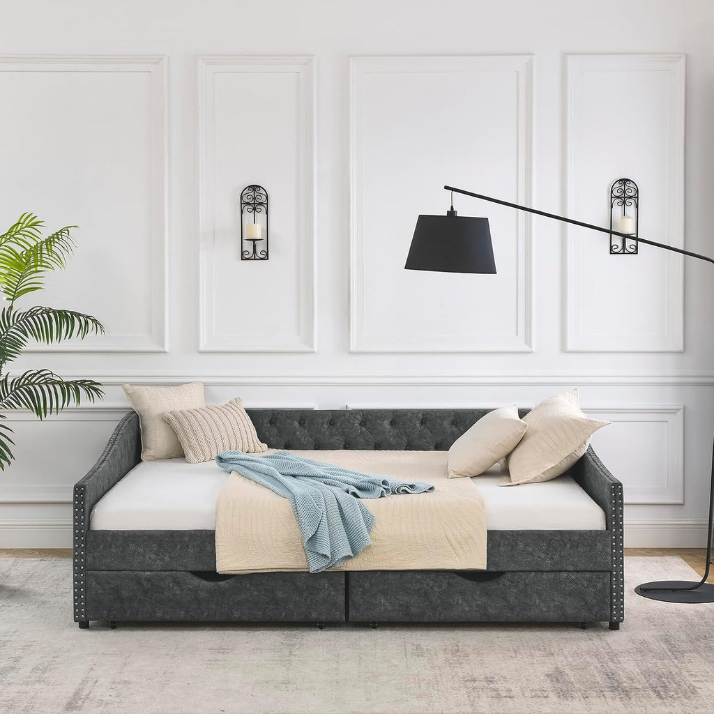 Wood Queen Size Daybed, Day Bed Frame with 2 Storage Drawers, Upholstered Bed Frame Queen Sofa Bed with Button and Nailhead Design for Bedroom Guest Room, No Box Spring Needed, Grey