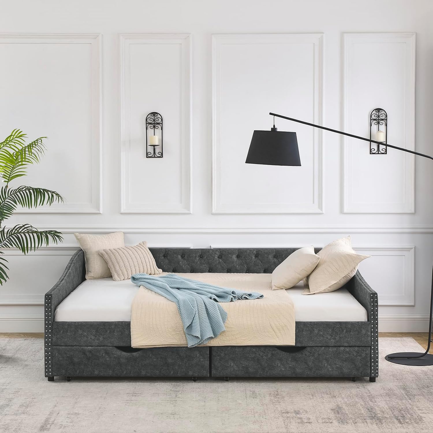 Wood Queen Size Daybed, Day Bed Frame with 2 Storage Drawers, Upholstered Bed Frame Queen Sofa Bed with Button and Nailhead Design for Bedroom Guest Room, No Box Spring Needed, Grey