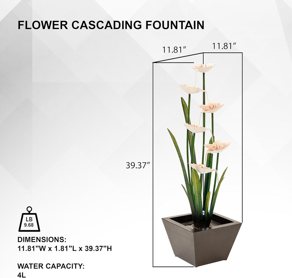 XBrand 39-Inch Freestanding Sculptural Metal Multi-Tier Flower Water Fountain with LED Lights, Multicolored