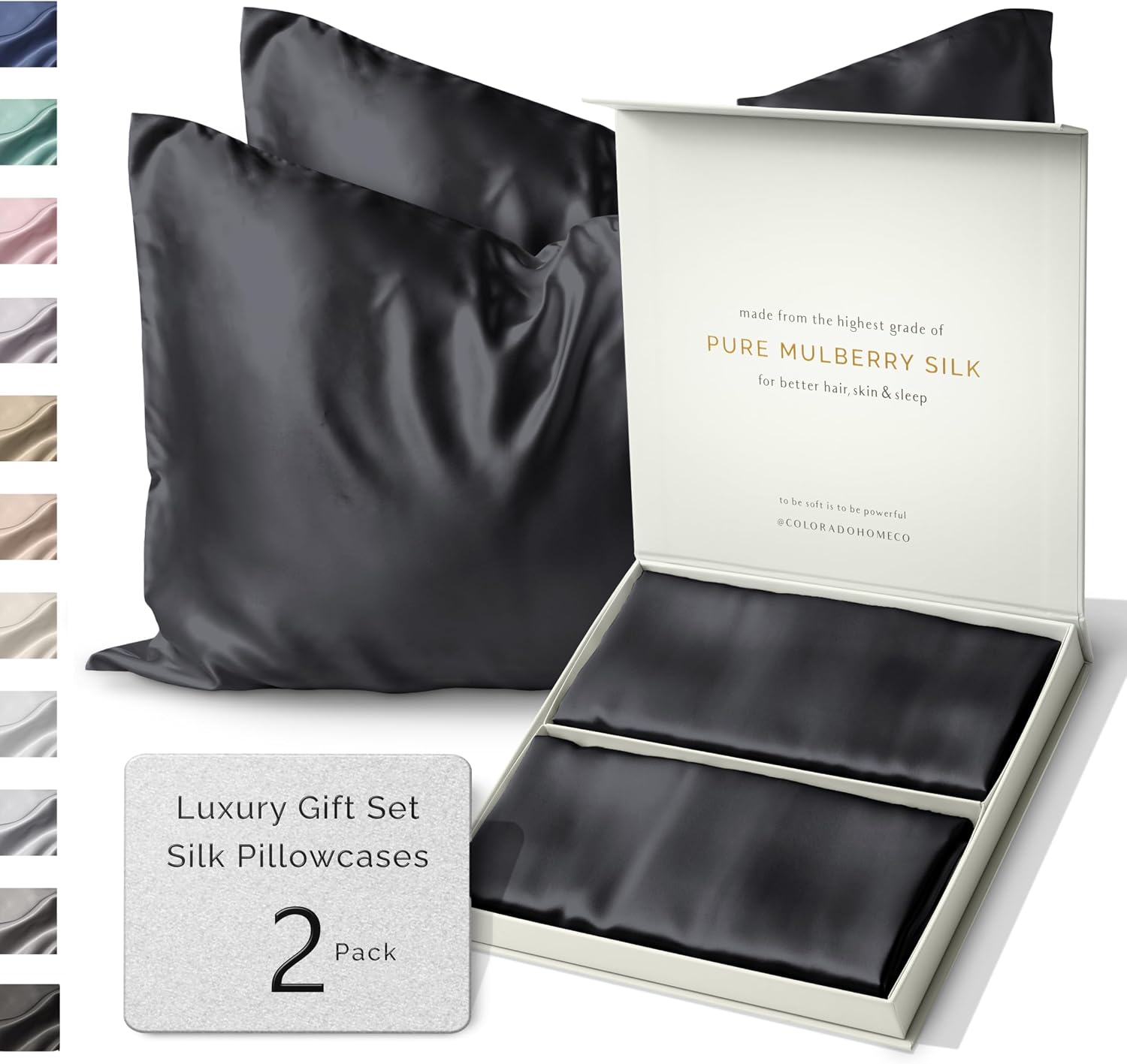 SUNDAYSILKS™ | Silk Pillow Cases 2 Pack | 22 Momme Mulberry Silk Pillowcase Set of 2 | All Sides 100% Pure Silk Slip Pillowcases Bliss for Women, Zipper | Standard Queen, King Size [Midnight Black]