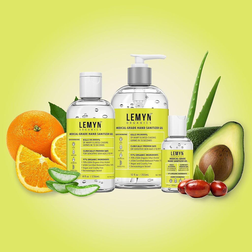 Lemyn Organics Medical‑Grade Hand Sanitizer Gel – 97 % Organic | 70 % USP Ethyl Alcohol | Moisturizing Aloe + Hyaluronic Acid | Freshly Made in USA | 8oz Bottle with Pump (PACK OF 12)