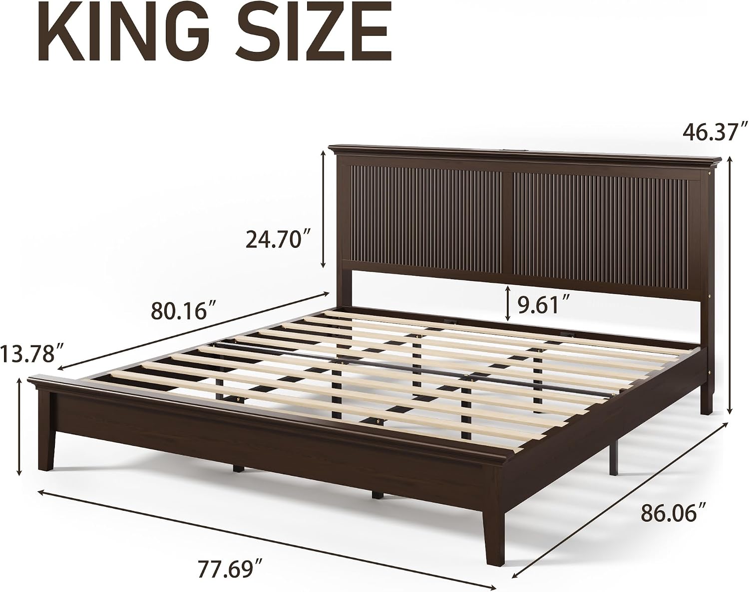 Lifezone King Bed Frame with Headboard, Solid Wood Bed Frame King Size with Charging Station & RGB LED, Wood Slats Support, Noise-Free, Sturdy Structure, Easy Assembly, Walnut