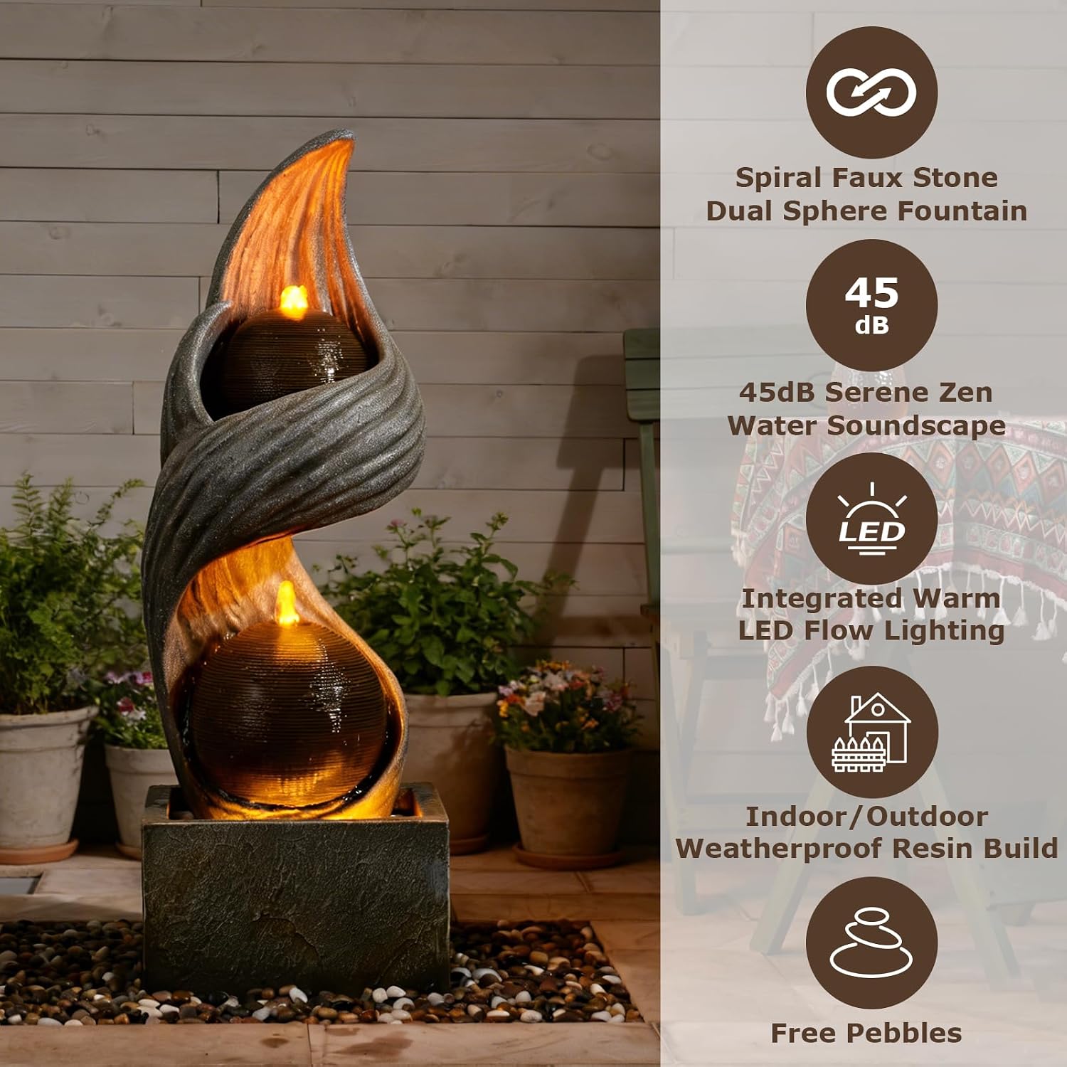 42.9'H Large Water Fountains Outdoor,Modern Spiral Water Fountain Outdoor with Dual Spheres Zen Water Feature Floor Fountain with Light LED Waterfall for Outside Deck, Patio, Porch, Garden, Yard Decor