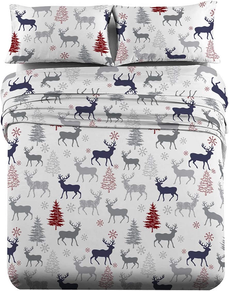 Royal Tradition Heavyweight Flannel, 100-Percent Cotton Top Split King 4PC Sheets Set for Adjustable Beds, Christmas Deer Print, 170 GSM