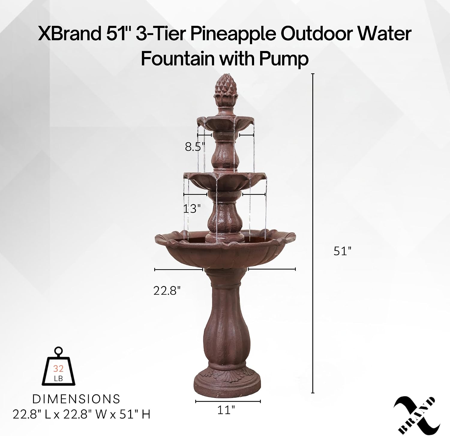 XBrand 51' 3-Tier Outdoor Waterfall Fountain, Weather-Resistant Resin Freestanding Water Feature with Pump, Brown