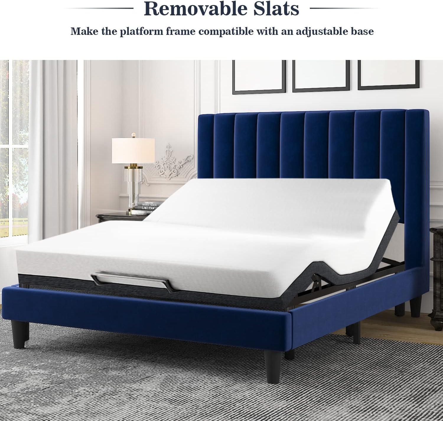 Allewie Queen Platform Bed Frame/Velvet Upholstered Bed Frame with Vertical Channel Tufted Headboard/Strong Wooden Slats/Mattress Foundation/Box Spring Optional/Easy Assembly/Navy Blue