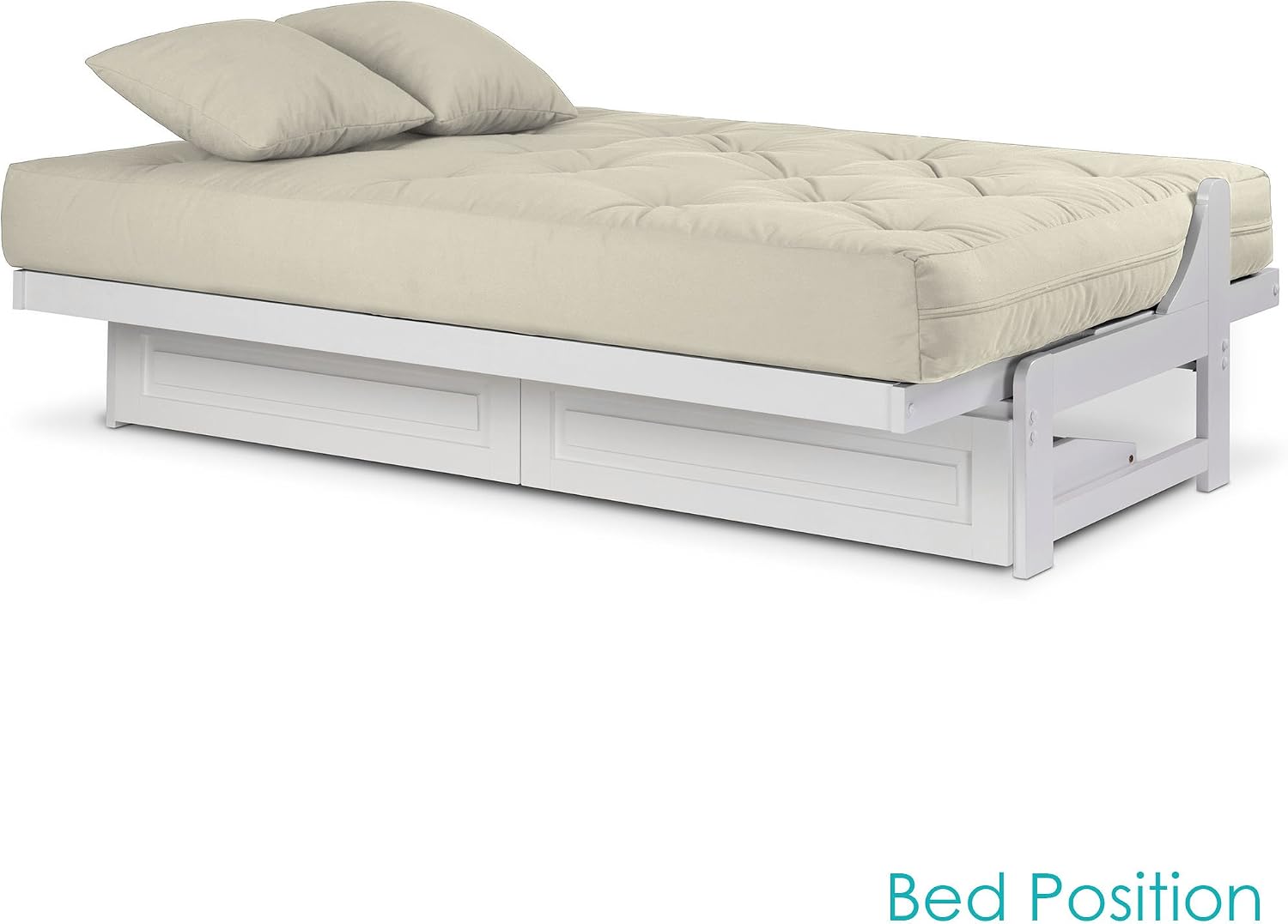 Nirvana Futons Arden White Futon with Storage Drawers Full or Queen Size - Space Saving Armless Design with Comfortable Mattress (Twill Ivory), Sofa Bed Available in
