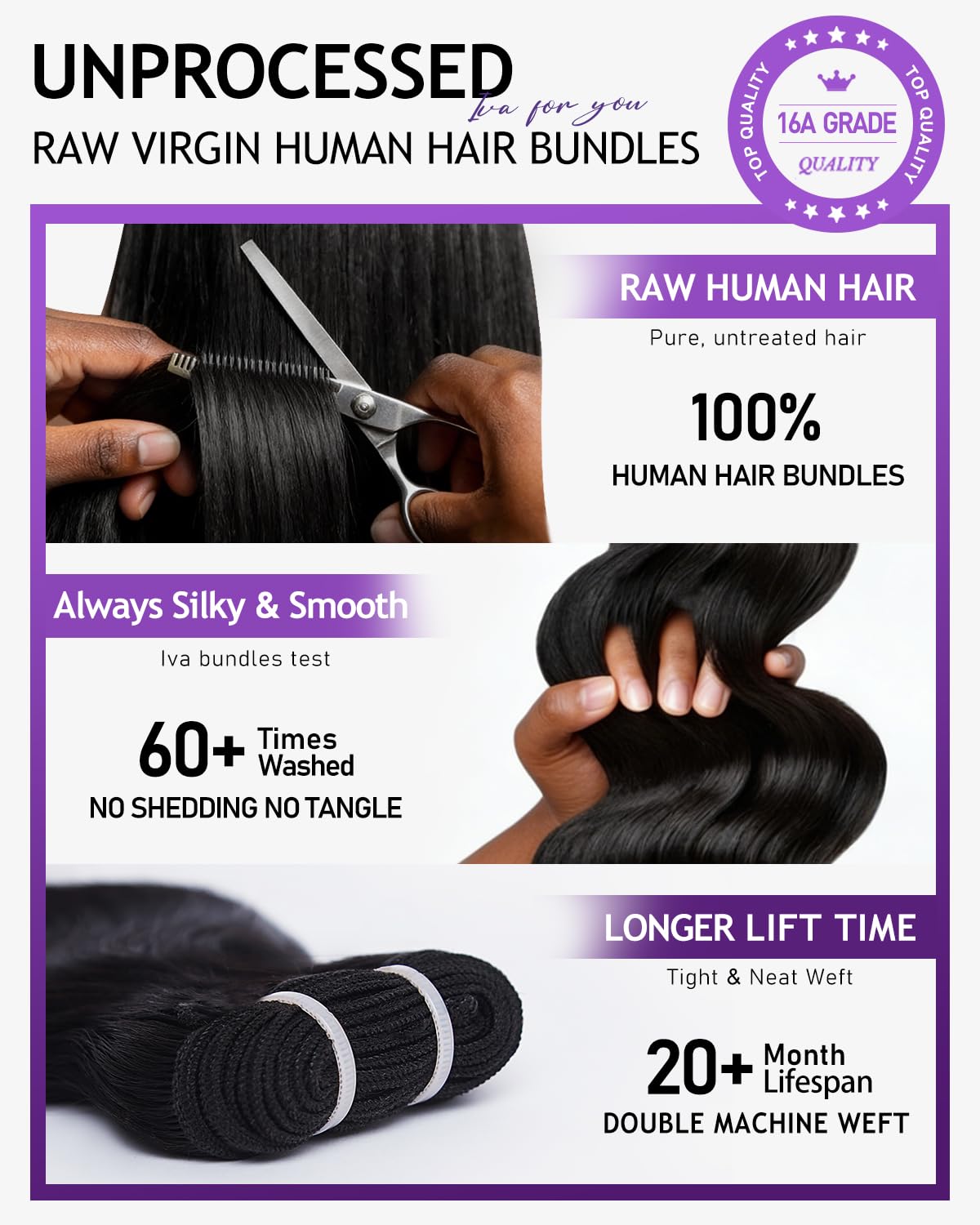 IVA 16A Body Wave Bundles Human Hair, 100% Raw Human Hair Bundles 14 16 18 Inch, Triple Lifespan, No Tangle No Shedding, Repeated Washes Maintain Silky Texture