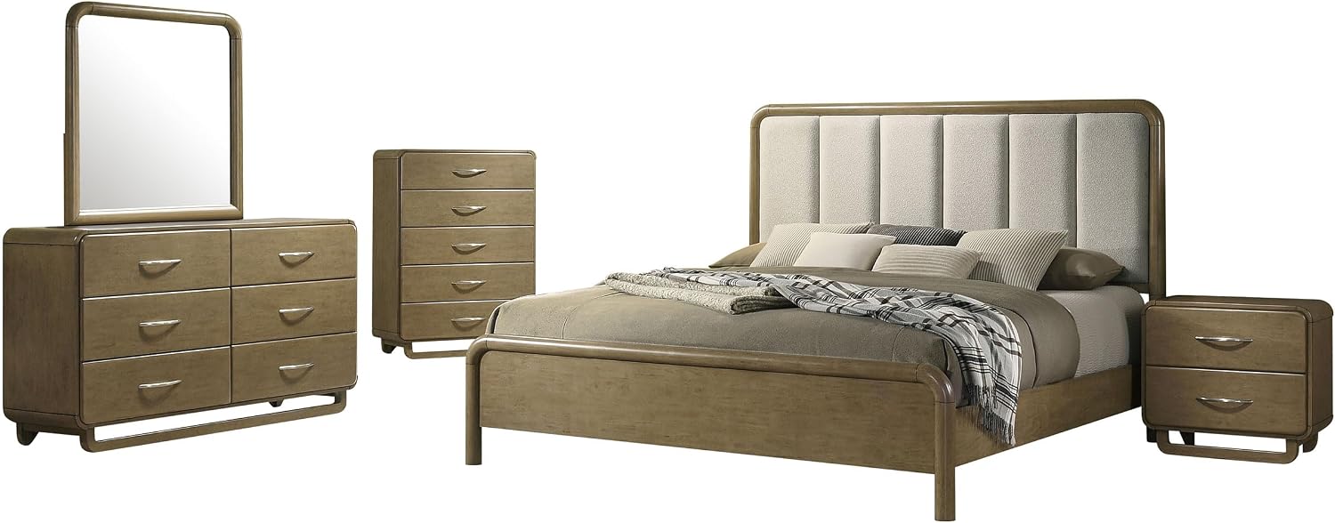 Coaster Home Furnishings Amsbury Transitional 5-Piece Bedroom Set Boucle Upholstered Queen Size Panel Bed Frame 59-inch Headboard Nutmeg 224271Q-S5