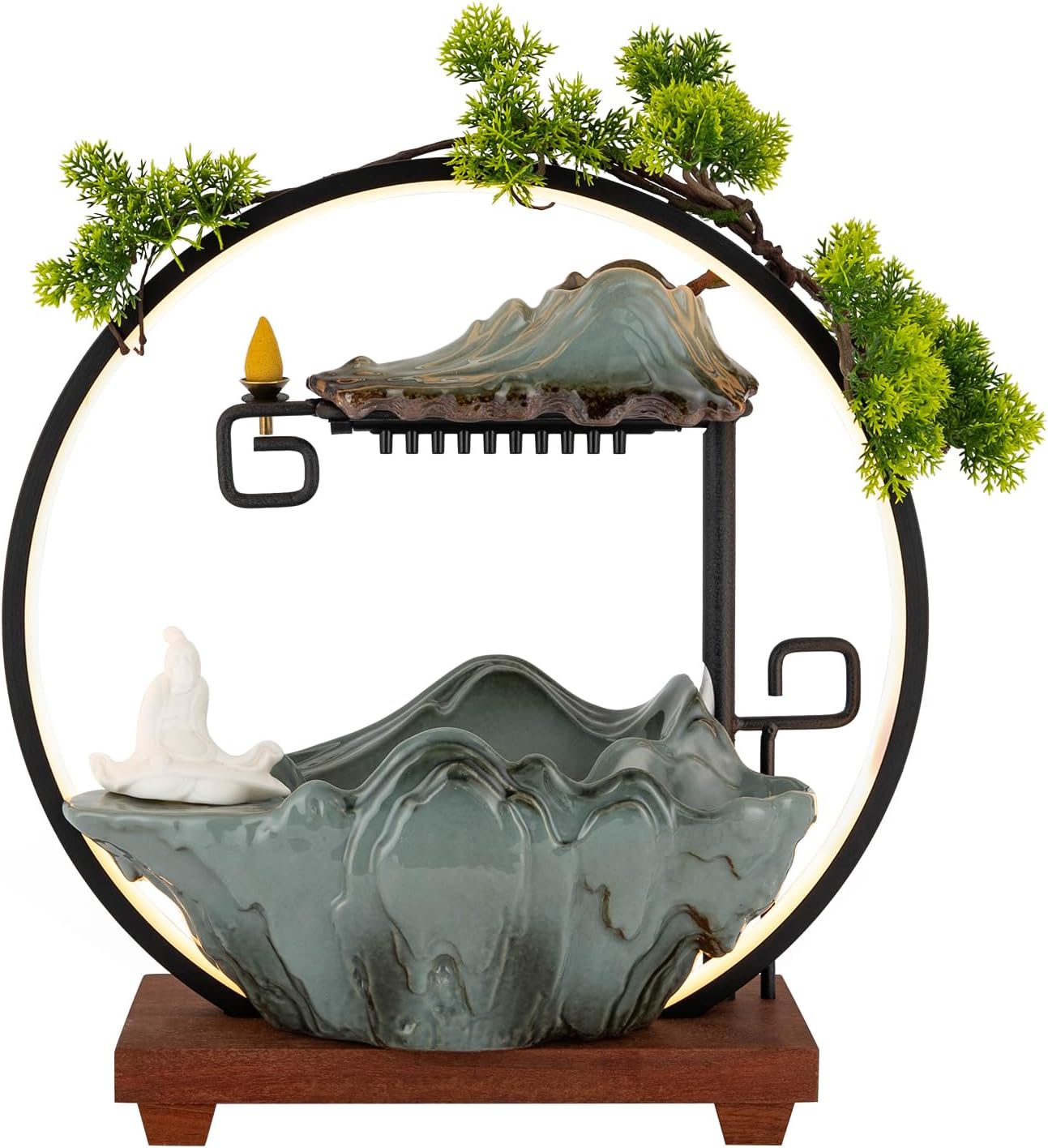 Indoor Tabletop Water Fountain - Round LED Light, Table Fish Tank, Mist Maker, Backflow Incense Burner, Indoor Zen Relaxation for Home Office Bedroom Living Room Decor