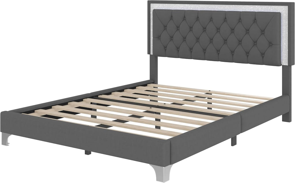 Flieks Queen Size Upholstered Bed Frame with LED Lights,Modern Velvet Platform Bed with Crystal Tufted Headboard,Gray