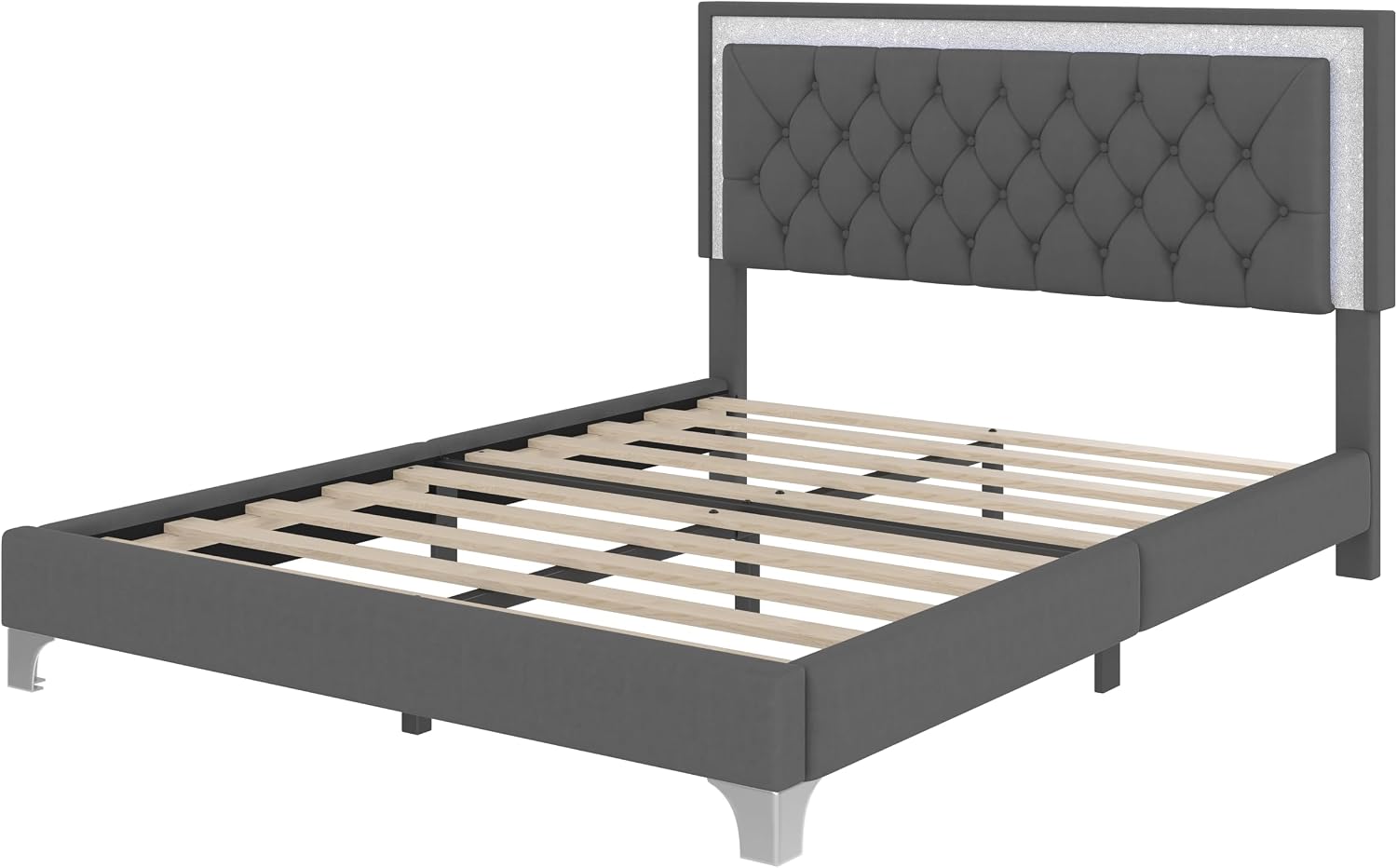Flieks Queen Size Upholstered Bed Frame with LED Lights,Modern Velvet Platform Bed with Crystal Tufted Headboard,Gray