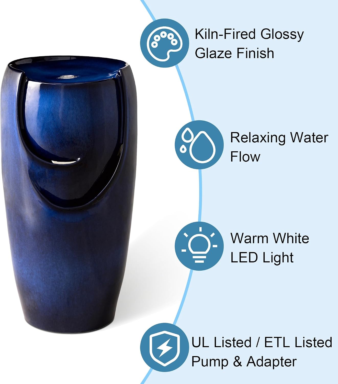 Glitzhome Outdoor Water Fountain with LED Light, Oversized Ceramic Vase Water Fountains Outdoor, Tall Water Feature Backyard Fountain for Garden Patio, Cobalt Blue, 29.3'H