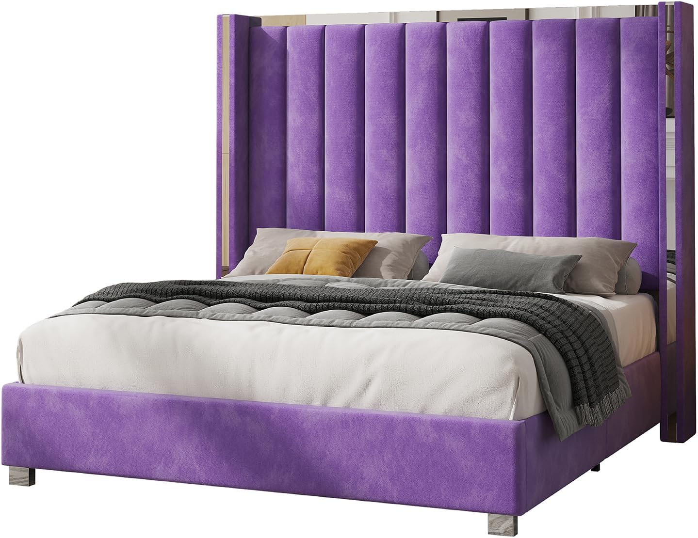 Jocisland King Size Bed Frame with 58' Tall Headboard, Velvet Upholstered Platform Bed with Channel Tufted Wingback Headboard and Plating Trim, No Box Spring Needed, Purple