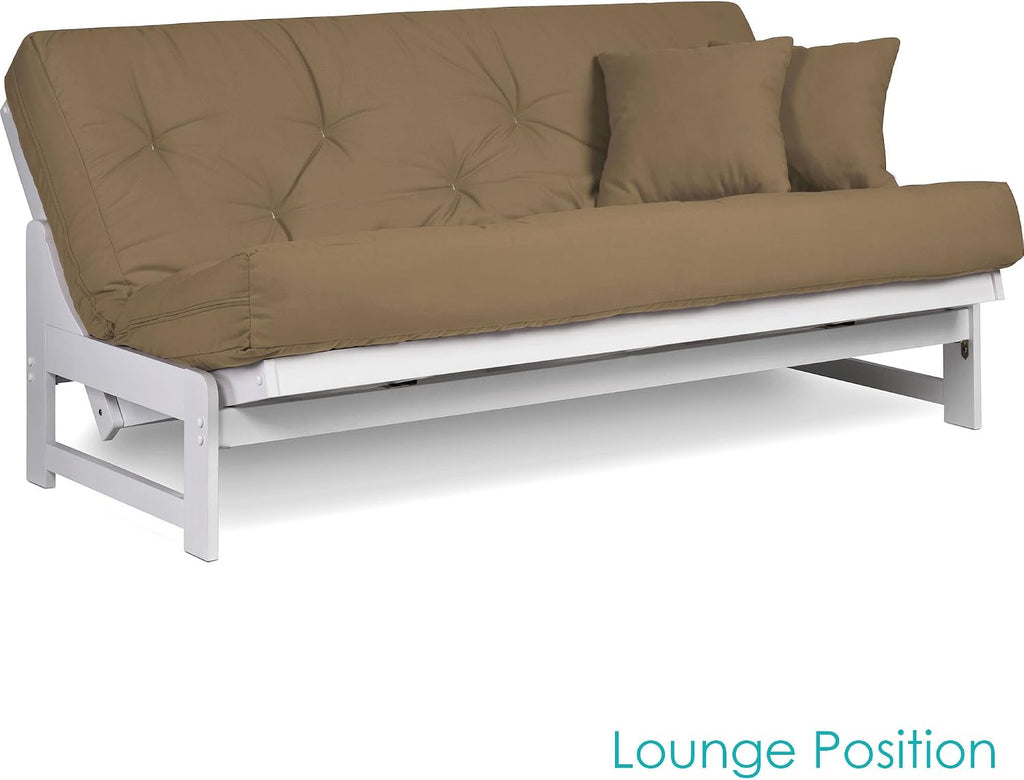 Nirvana Futons Arden White Futon Set Queen Size - Armless Futon Frame with Mattress (Microfiber Sussex Khaki), Space Saving Modern Sofa Bed Sleeper