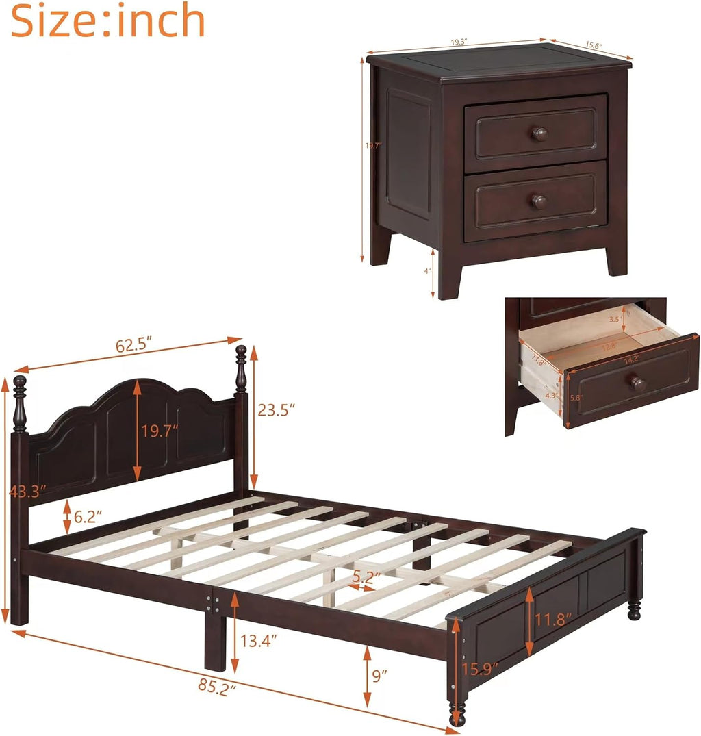VilroCaz Retro Design 3-Pieces Bedroom Sets, Queen Size Wood Platform Bed and 2 Nightstands with 2 Drawers and Sturdy Slats Support for Adults Bedroom (Queen, Dark Walnut)