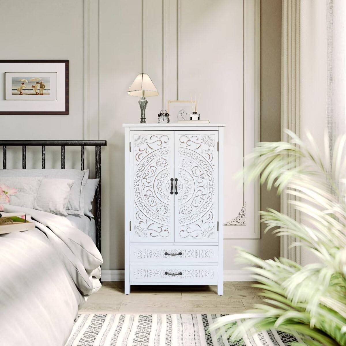 JIJIWANG 27'' Accent Tall Tower White Storage Cabinet - Rustic Wood Sideboard Pantry Cabinet with Storage for Home Decor and Organization Chic Cabinets with Two Doors and Two Drawers