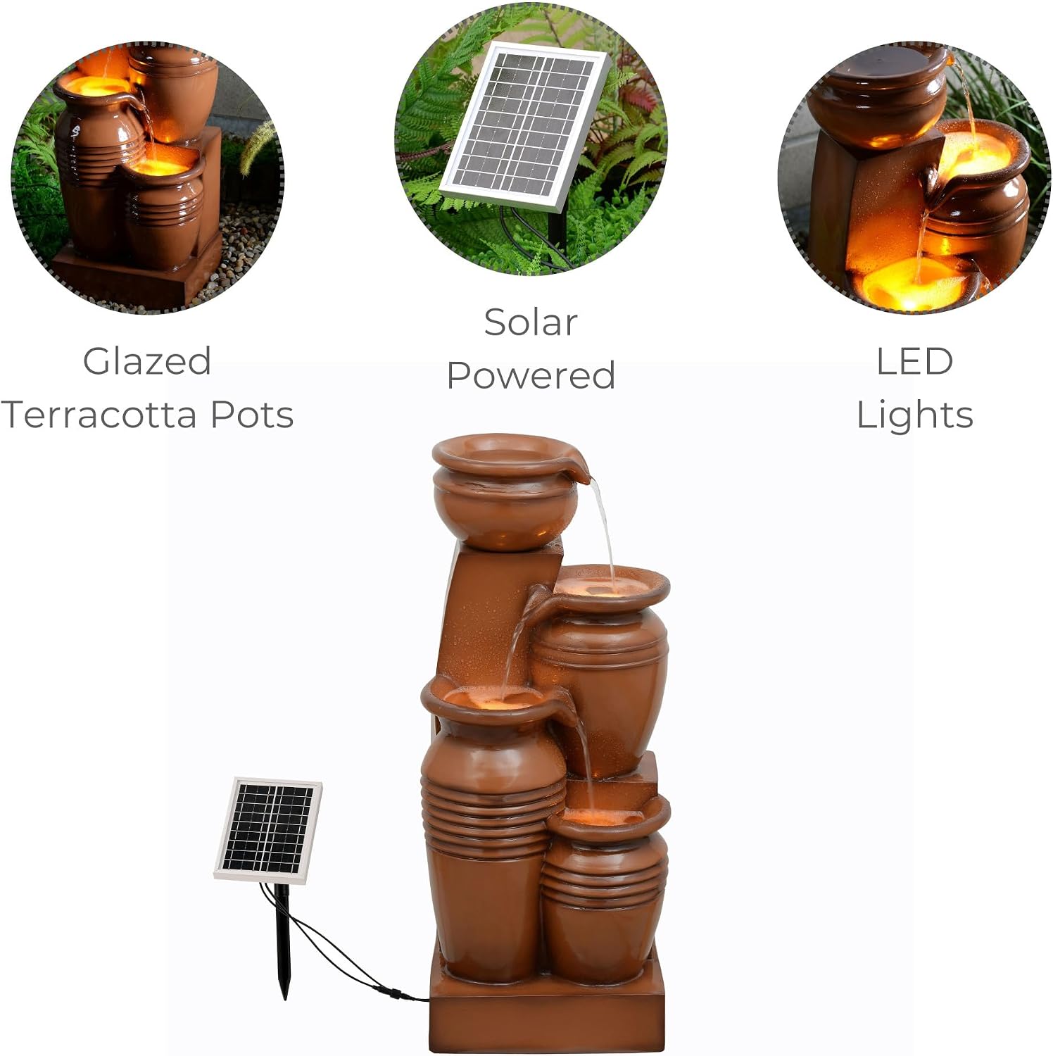 Teamson Home 28.7' 4-Tier Cascading Bowl Solar Powered Water Fountain for Outdoor Living Spaces, Terracotta