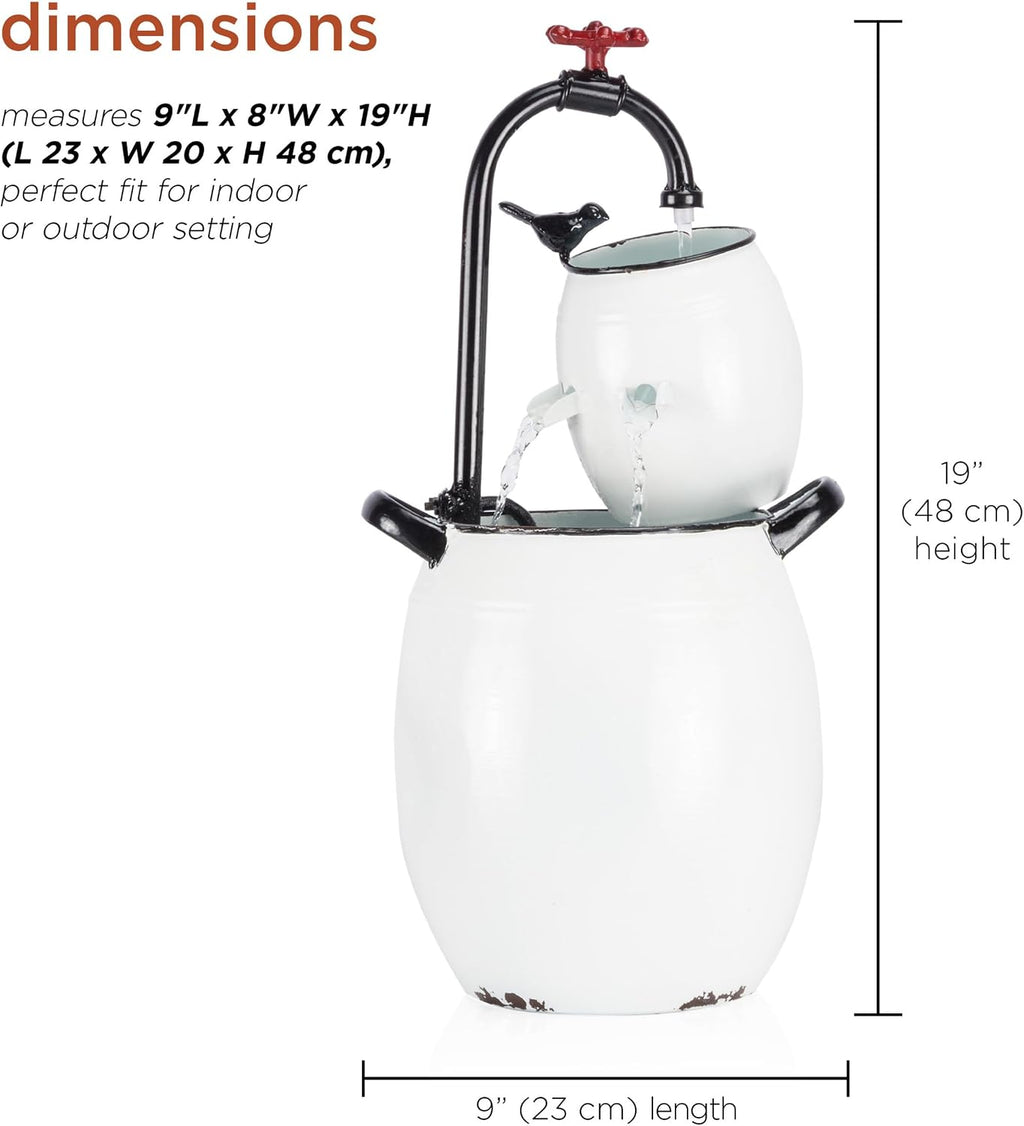 Alpine Corporation YHL428 Outdoor Tabletop Barrels and Faucet Water Fountain, Antique Tabletop Décor Fountain 19', White