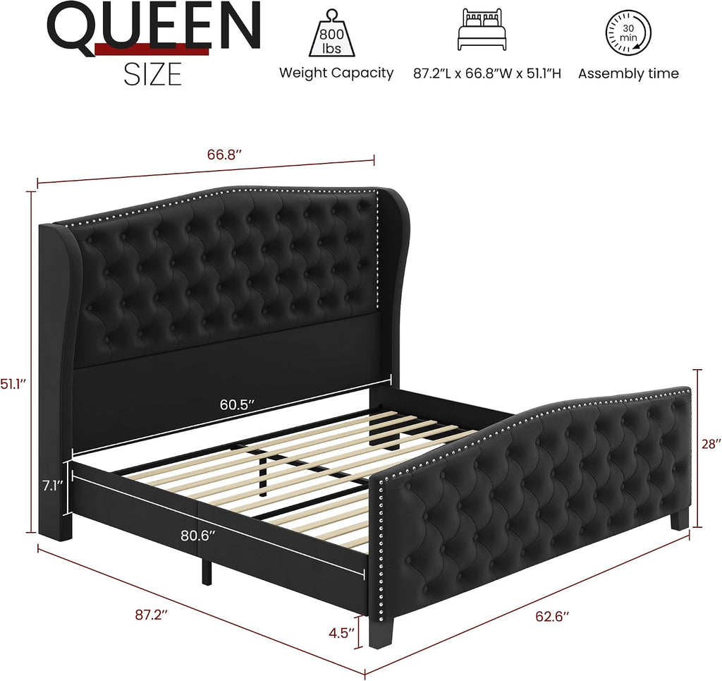 BRELTAM Upholstered Queen Size Bed Frame Velvet Black Tufted Platform Bed Frame with Wingback Headboard & Footboard, with Deep Button Tufted & Nailhead Wooden Slats Support, No Box Spring Needed