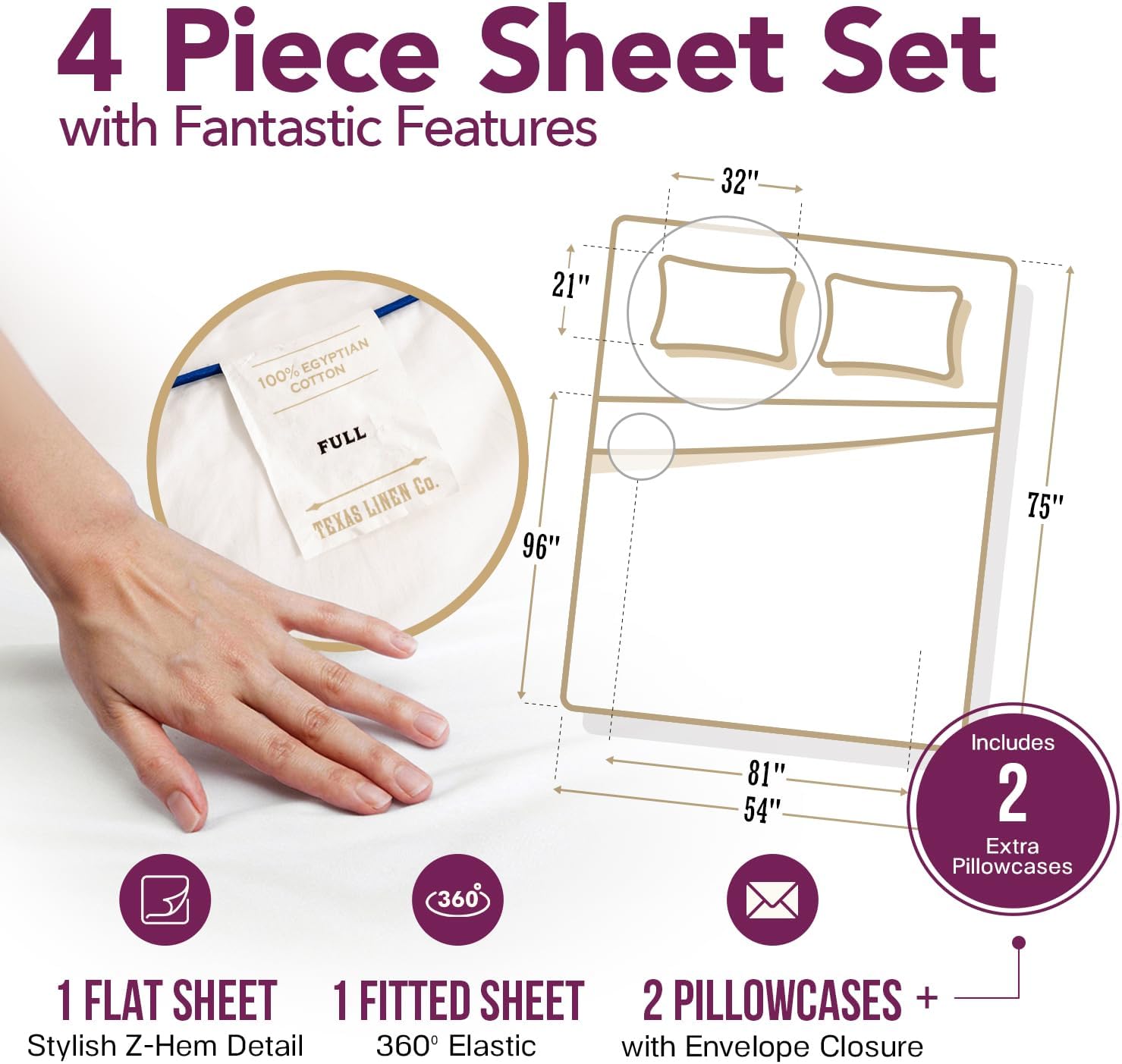 TEXAS LINEN CO. 100% Egyptian Cotton Bed Sheets Full Size - Luxury 1200 Series Star Sleepin' Collection Sheets Full Size Bed Set (4 PC, White), 17' Deep Pocket, Soft, Cooling Sateen Hotel Bedding Set