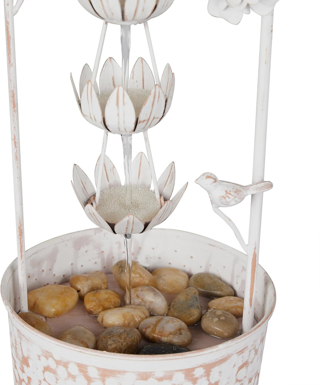 Alpine Corporation 30' Tall Metal Rustic Water Fountain with Decorative Flower, Cascading Waterfall Feature for Gardens, Patios, and Outdoor Decor, White
