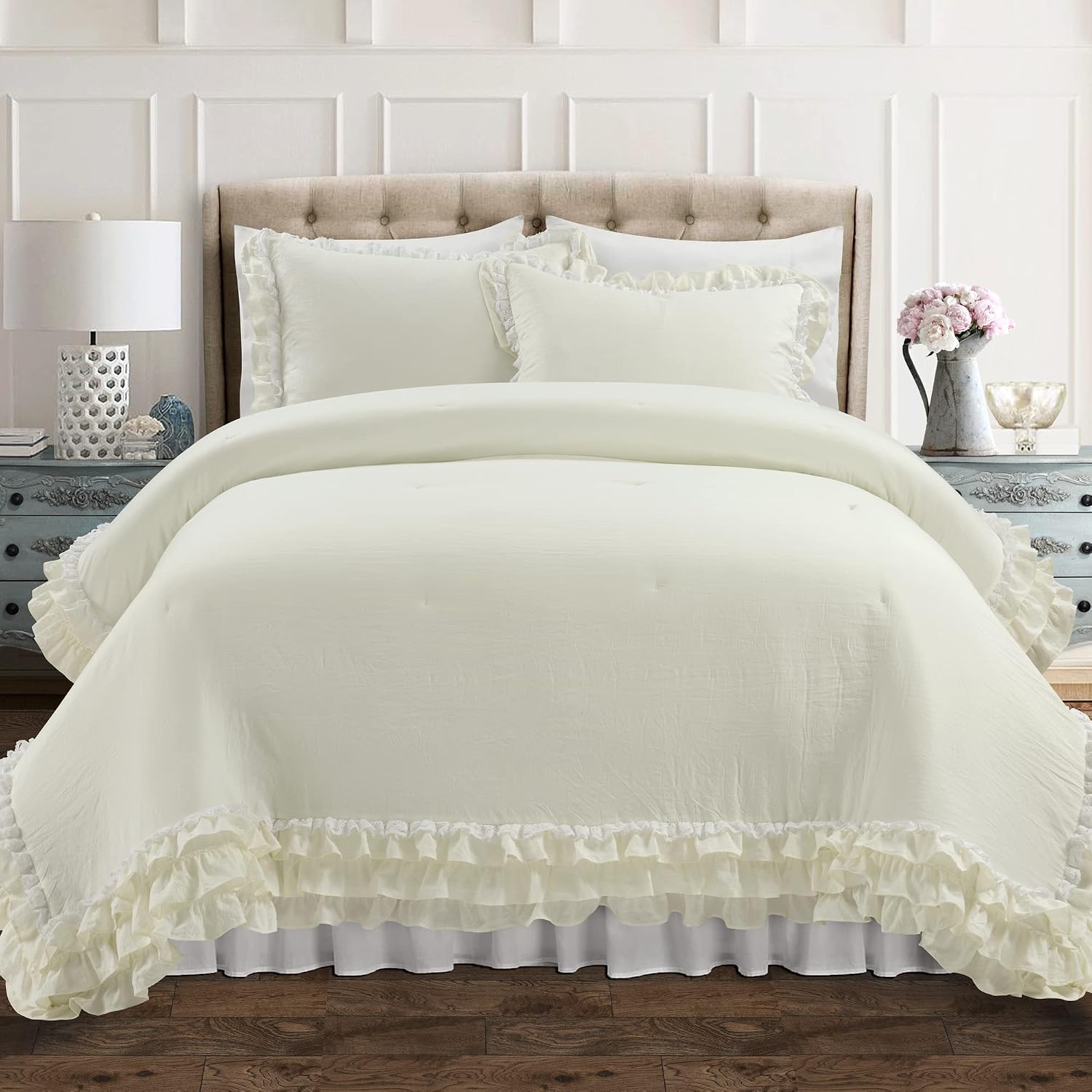 Lush Decor Ella Parisian Vintage Chic Ruffle Lace 3 Piece Comforter Set, King, Ivory