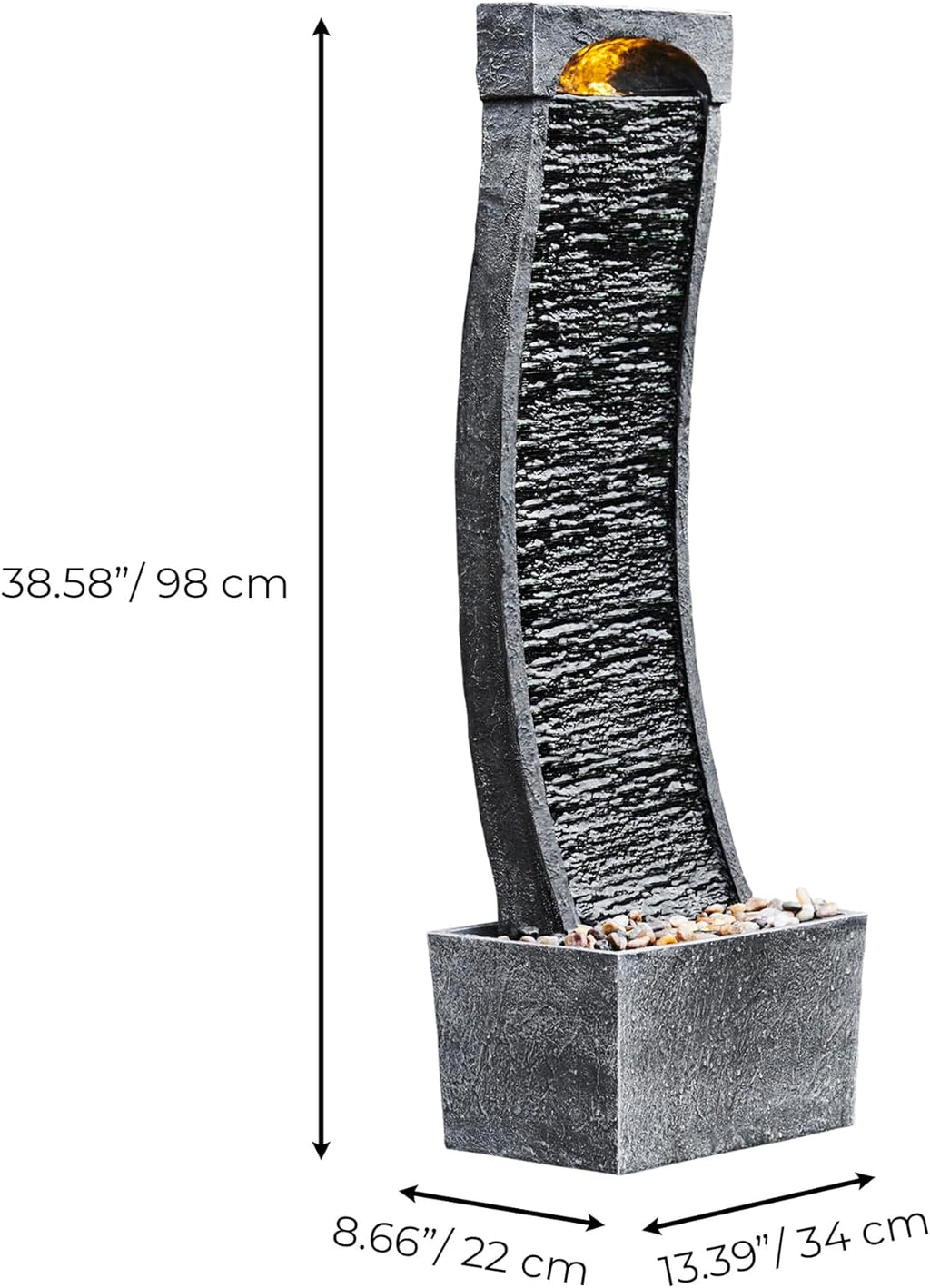 Teamson Home 38.58 in. Modern Curved Faux Slate Waterfall Fountain for Indoors or Outdoors with LED Light Accents and 1.98-Gallon Pump, Black and Stone Gray