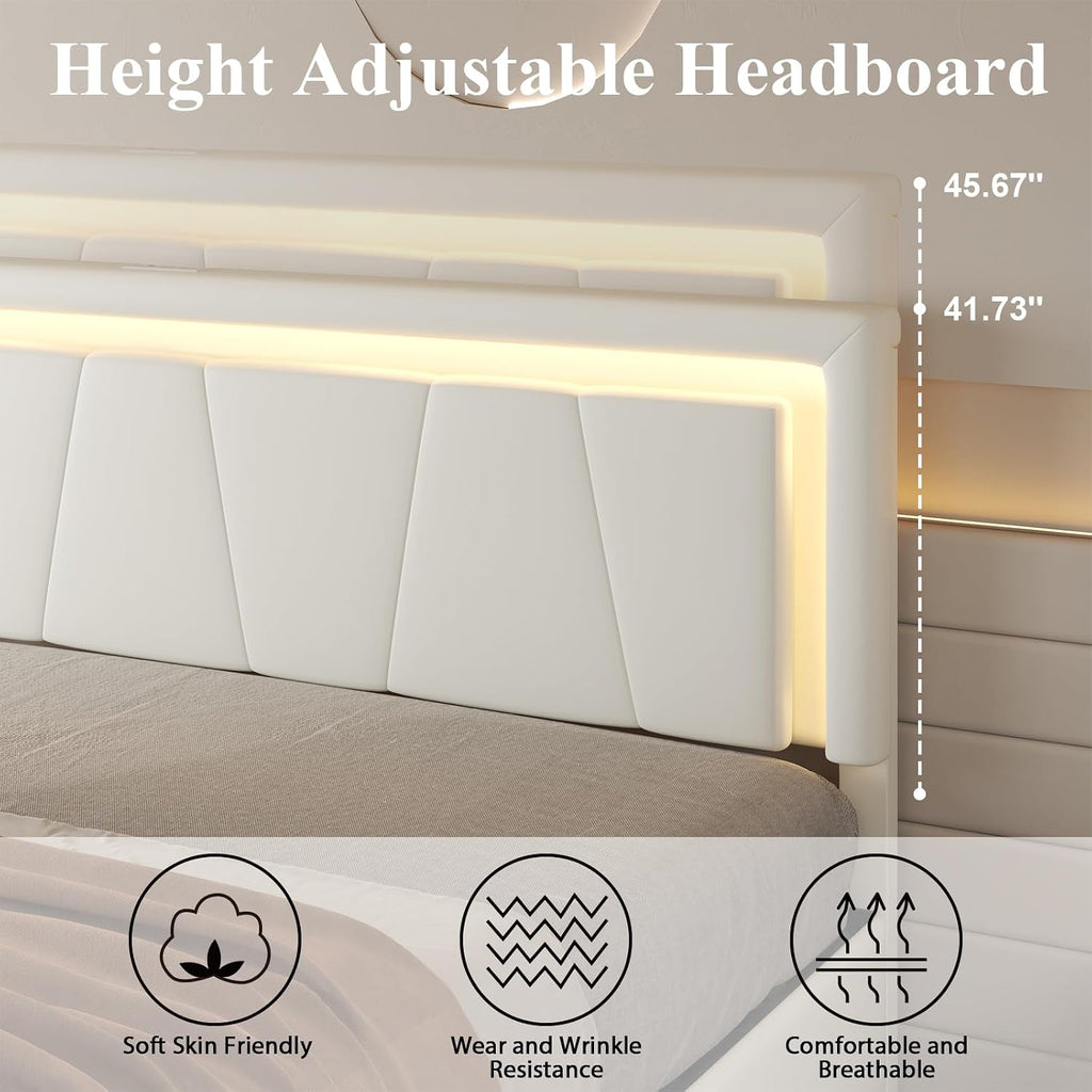 LoVinson Full Size Bed Frame with 4 Storage Drawers, Charging Station and LED Light, Adjustable Upholstered Headboard, Noise-Free, No Box Spring Needed, Easy Assembly, White