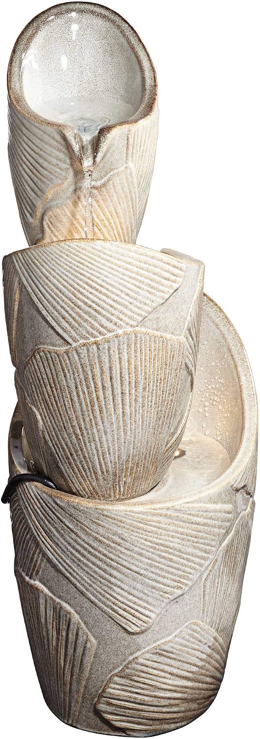 Three Urn 30' High Large Coastal Modern Indoor Outdoor Decor Faux Stone Floor Fountain with Light LED Waterfall Cascading Water Feature for Outside Garden Patio Yard Backyard - John Timberland